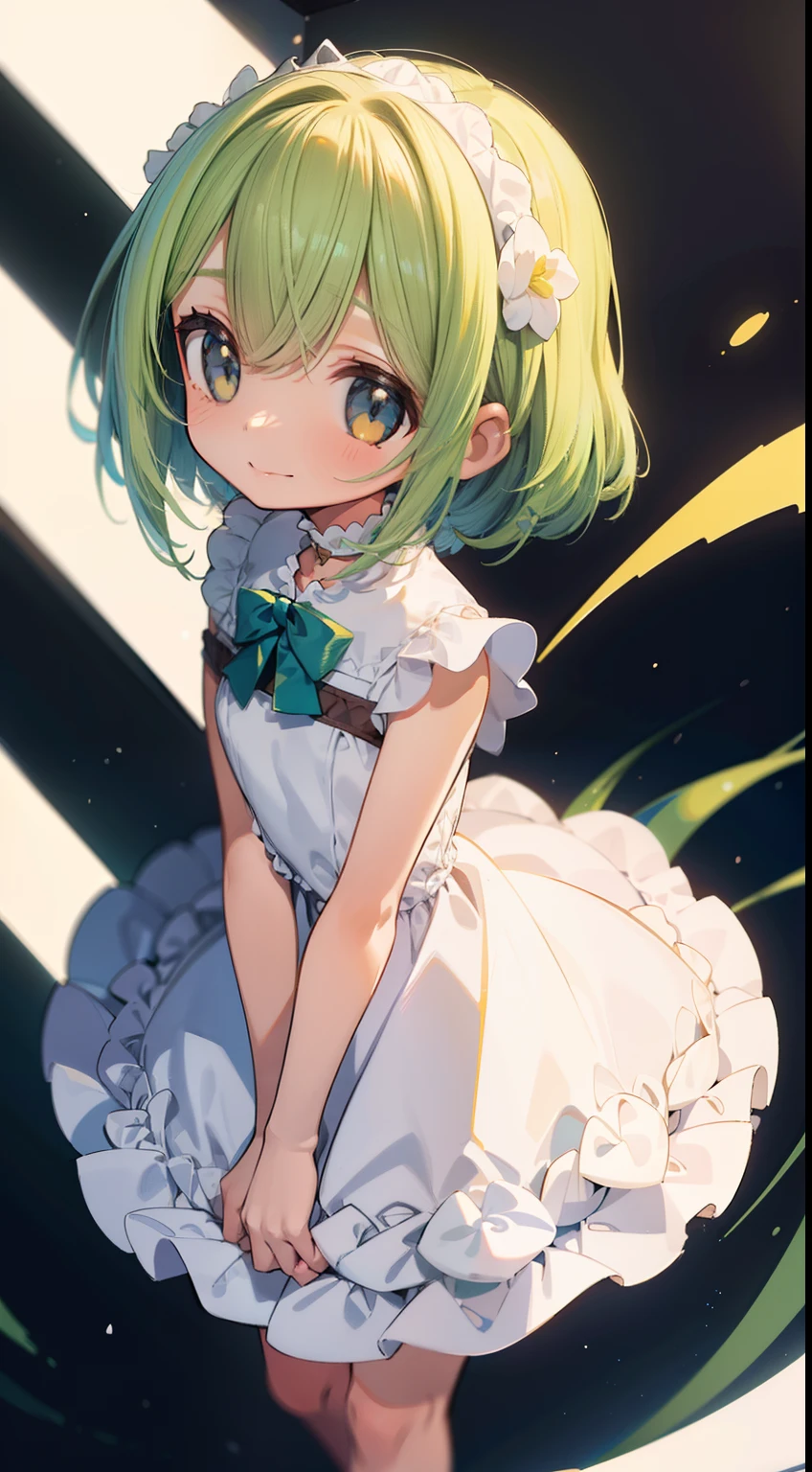 single color background, fundo branco, beautiful illustration, best quality, Menina fofa de 12 ano, (menina petit bonito), Loli, ((vestido fofo branco))、(corpo inteiro), standingn, olhando para o telespectador、 belos olhos fofos, Cinematic lighting, Euphoric smile、(cabelos verdes curto pequeno)