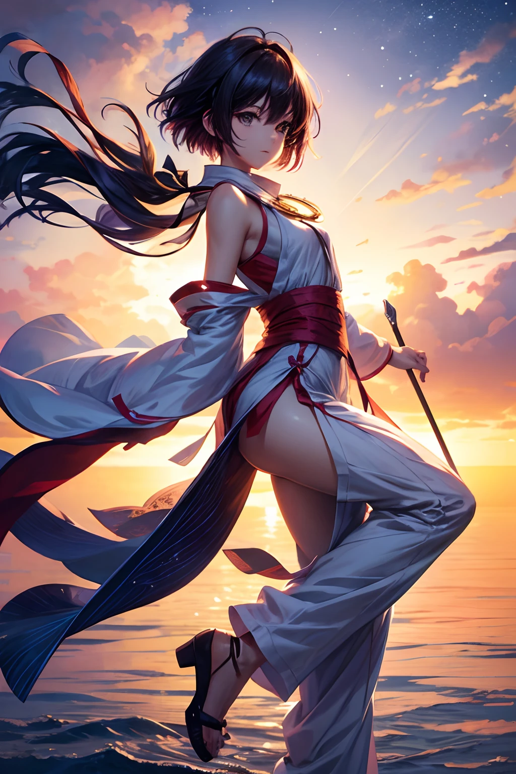 starnight, lookingback, fullbody, miko, short hair, arms behind head, lying, on back, floating hair, outdoors, wind, anime style, anime, drop shadow, best quality, 4K, award winning, super detail, textured skin