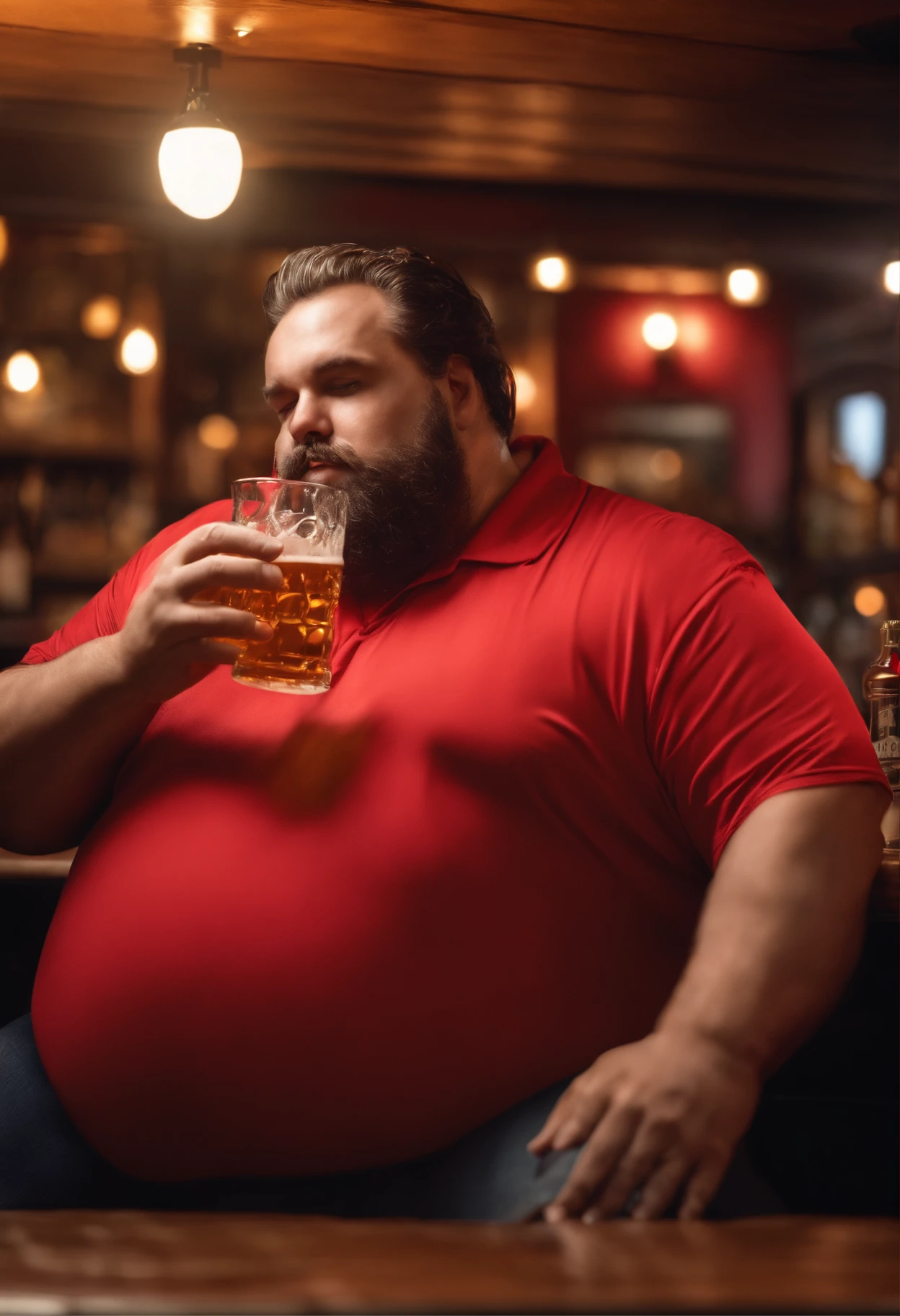 Make a man with obesity, This man must be wearing red clothes ,he must be inside a bar ,he is drinking beer ,photo ultra realistic ,8 k quality,fullHD