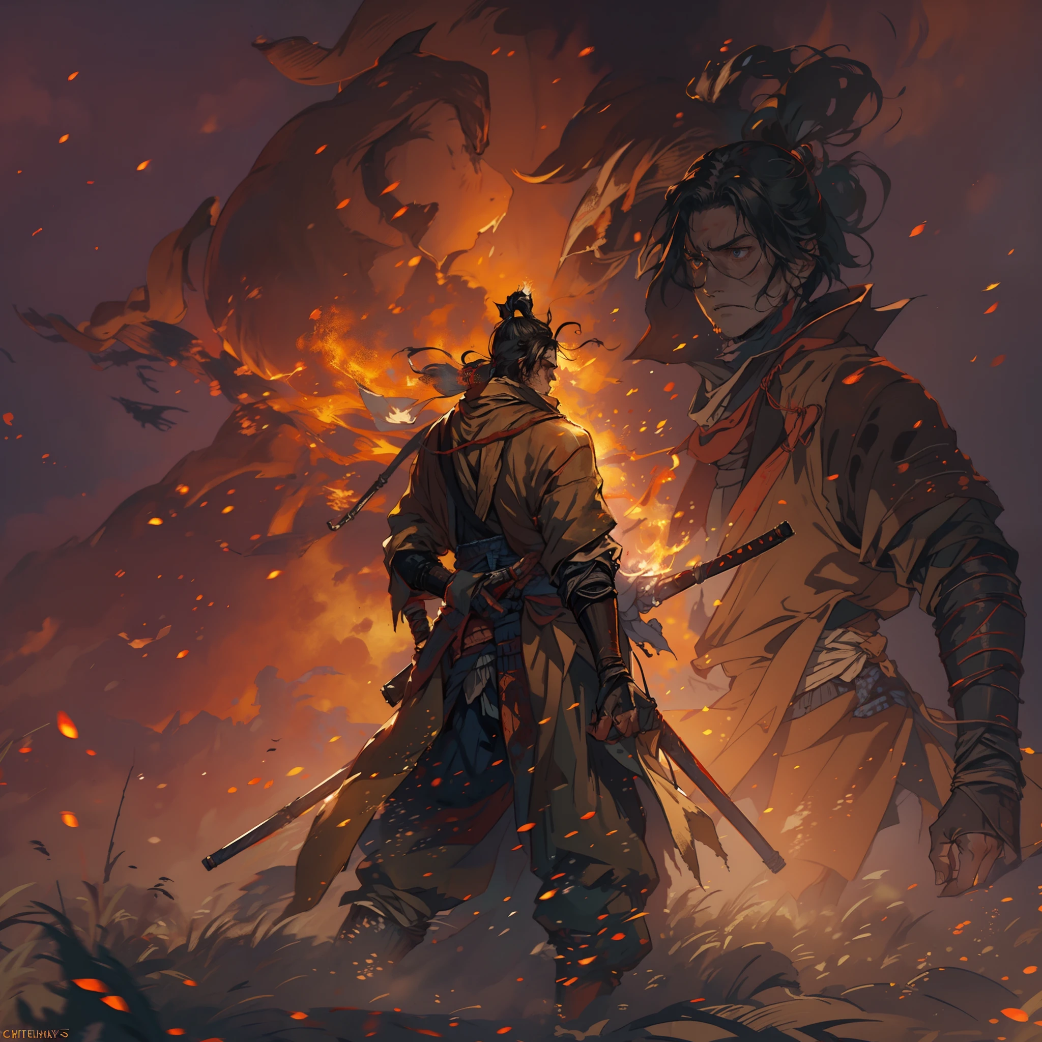 1hombre, solamente, Anillo Elden, meditando junto antorcha, sentado junto al fuego, transmitido por la sangre, Almas oscuras, (((Las sombras de SEKIRO mueren dos veces))),