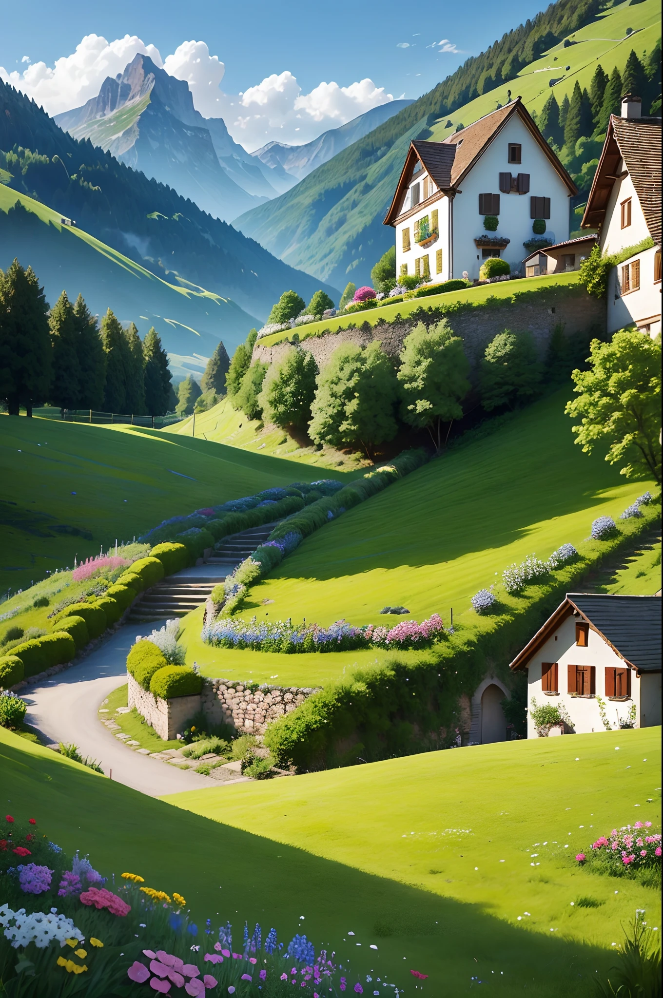 Peaceful and idyllic countryside, Rolling green hills dotted with grazing sheep, Charming villa,Set amidst vibrant flowers, Clear blue sky overhead, Evokes a sense of peace and simplicity, Valle encantador, switzerland, patches of green fields, lush countryside, Valle exuberante,An idyllic village in Milan,,verdant green fields,above a village,Rolling terraces,Colorful garden of flowers and plants,Alpine scenery in the Swiss countryside under the Alps,Carl Stuffer Bern,Majestic nature, Swiss architecture, lindo cenario, rios,waterfallr