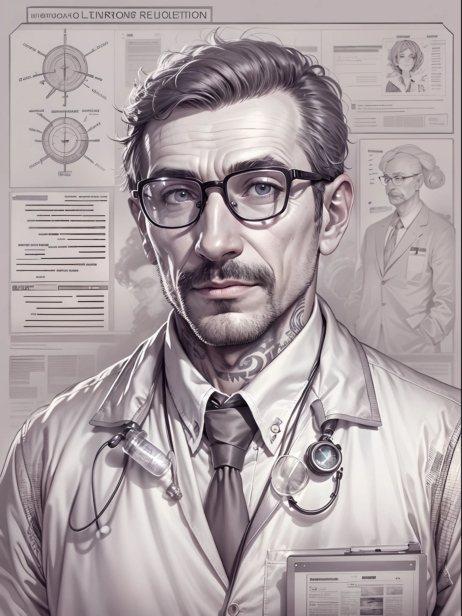 absurd resolution, high resolution, reflection, refraction:1.4 ultra-detailed:1.0 (illustration, line drawing), masterpiece, scientist with glasses, full-length, man (European, Arab, dark-skinned), ugly, middle-aged, 40 years old, work suit (polyester, synthetics), tattoos on the head, scientific uniform, scientist, scientific, biologist, technologist