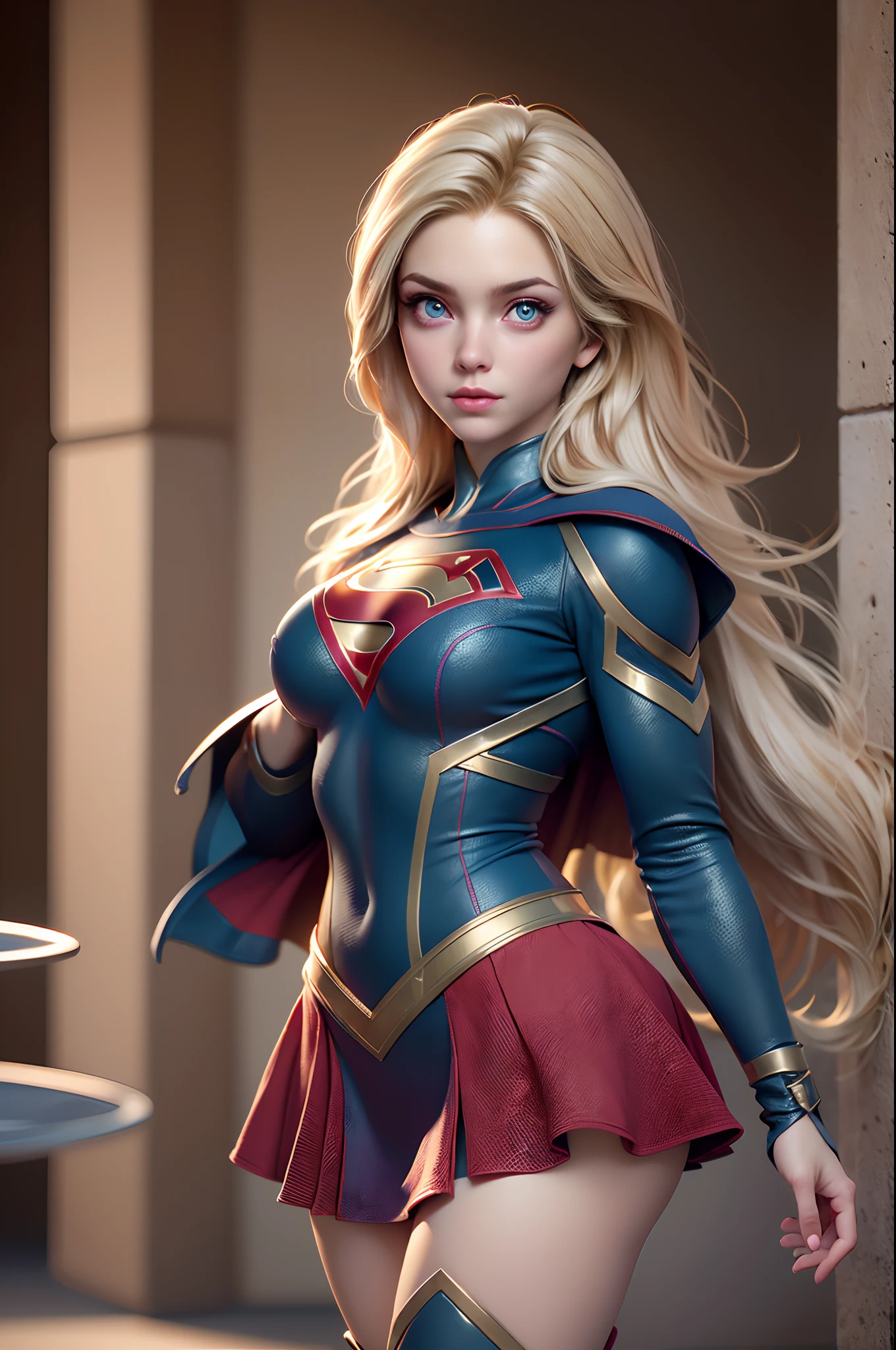 (8K, Best Quality, Photorealistic, masutepiece:1.2), super girl, Blue eyes, Blonde hair, Long hair, Cape, Superhero, Skirt, long boots, (Blonde girl:1.5), (Breast Focus:1.2), (Realistic:1.2), (Far View: 1.2), (Realism), (masutepiece:1.2), (Best Quality), (ultra-detailliert), (8K, 4K, Convoluted), (full body Esbian:1.5), (85 mm), light Particle, Lighting, (Highly detailed:1.2), (Detailed face:1.2), (gradients), SFW, Colorful, (Detailed eyes:1.2), (Detailed background), (Dynamic Angle:1.2), (Dynamic Pose:1.2), (rule of third_Composition:1.3), (Line of action:1.2), Wide Shot, Daylight, Solo.