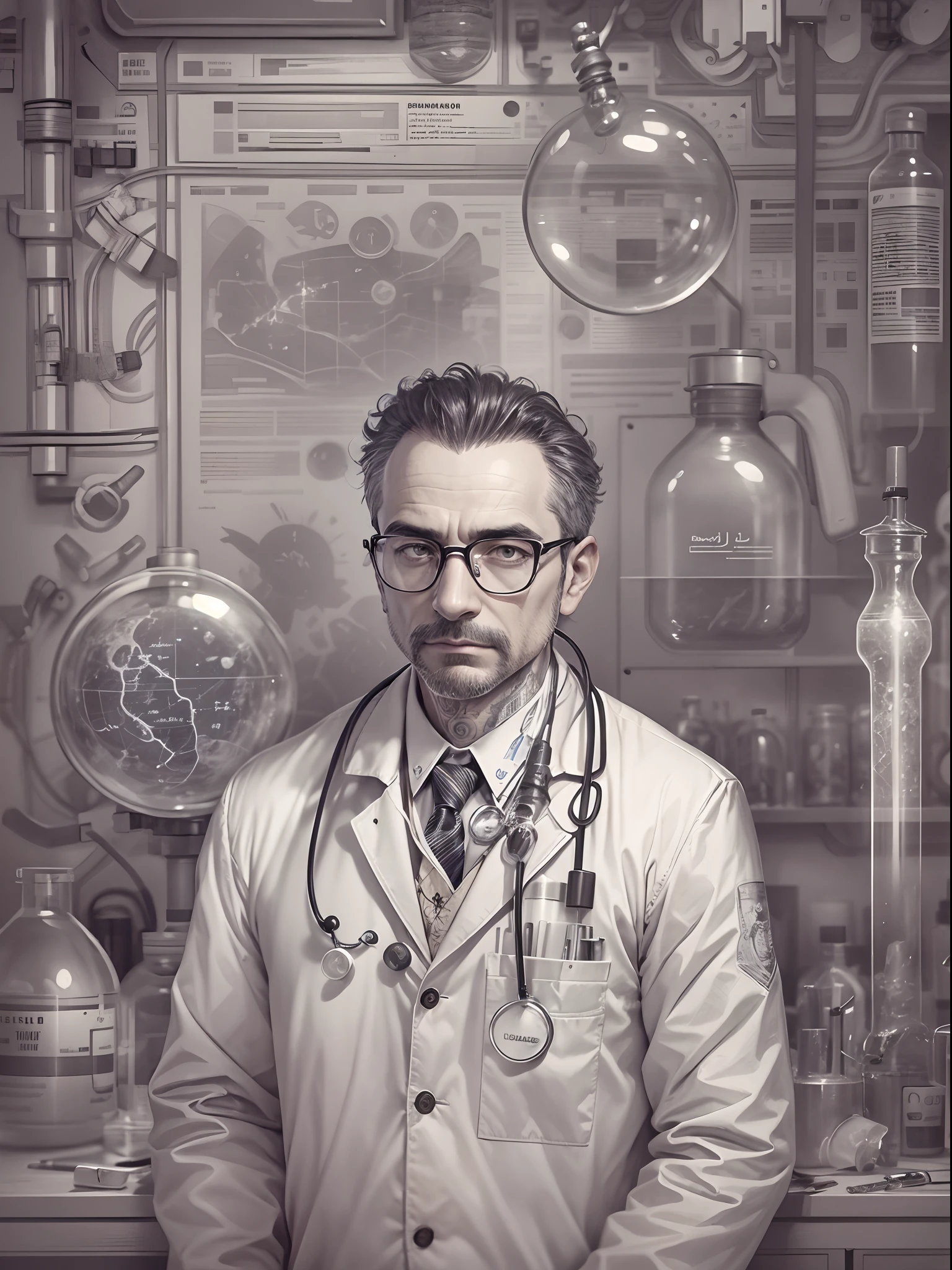 absurd resolution, high resolution, reflection, refraction:1.4 ultra-detailed:1.0 (illustration, line drawing), masterpiece, scientist with glasses, full-length, man (European, Arab, dark-skinned), ugly, middle-aged, 40 years old, work suit (polyester, synthetics), tattoos on the head, scientific uniform, scientist, scientific, biologist, technologist