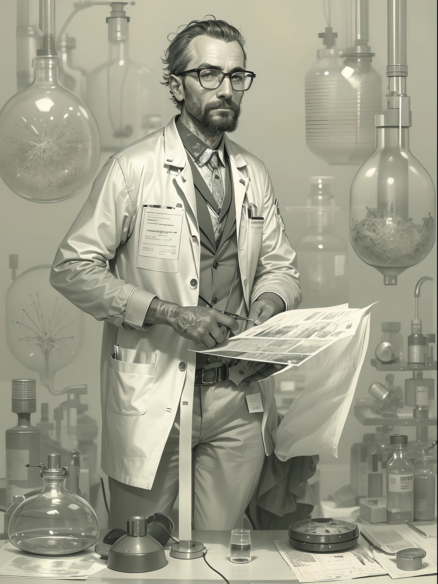 absurd resolution, high resolution, reflection, refraction:1.4 ultra-detailed:1.0 (illustration, line drawing), masterpiece, scientist with glasses, full-length, man (European, Arab, dark-skinned), ugly, middle-aged, 40 years old, work suit (polyester, synthetics), tattoos on the head, scientific uniform, scientist, scientific, biologist, technologist