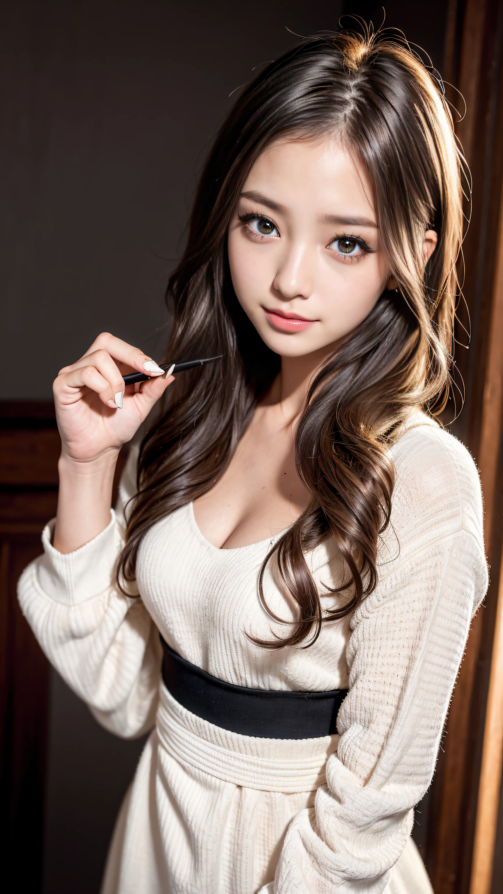 1girl in, Gal, (make up), seductive smile, japanes,a closeup, masterpiece, top-quality, Raw foto, Photorealsitic, faces, unbelievable Ridiculous, beautiful a girl, cute little, Wavy Hair, depth of fields, hight resolution, ultra-detailliert, detaile, ighly detailed, extremely detailed eye and face, Sharp pupils, Realistic pupils, foco nítido, Cinematic lighting