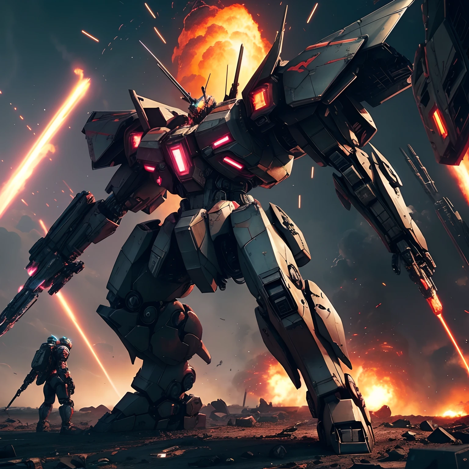 Amidst a cybernetic battlefield, unleash a stunning anime-inspired scene of Armored Core 6. Enveloped in vibrant hues, a colossal, mecha warrior soars above an explosion-ridden wasteland, releasing a torrent of fiery, neon energy. Let your brushstrokes capture the kinetic might and adrenaline-fueled chaos of this epic clash.