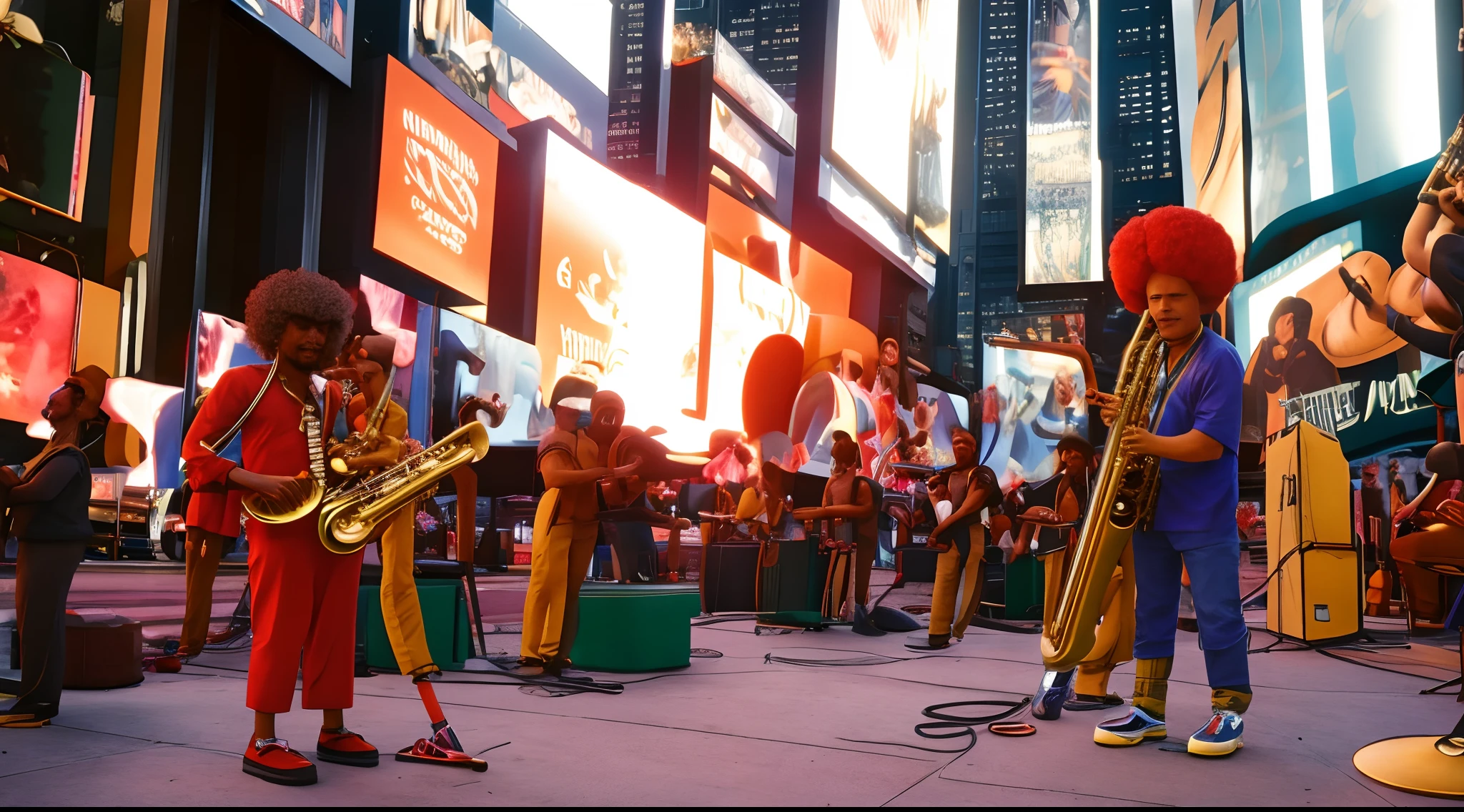 Afro man playing jazz with a saxophone in times square