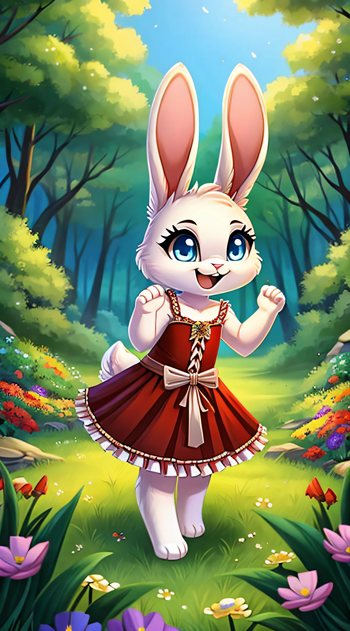 zoomed out image, fantasy style art, cute, adorable, short character, small, tiny little fluffy female white bunny with blue eyes, 4 ears, 2 extra ears, big floppy ears, long ears, ears perked up, raised ears, long eyelashes, poofy rabbit tail, wearing a red frilly ribbon dress, smiling, standing in a forest, big expressive smile, open mouth, wide eyes, excited eyes, excited face, stunning visuals, flowers scattered in the bushes, digital illustration