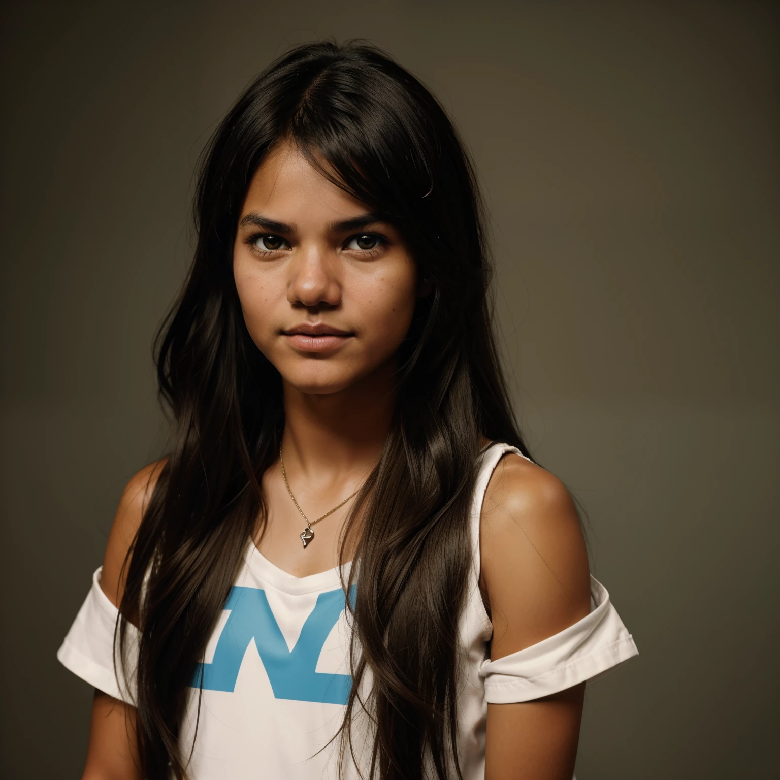 A Professional Photo Of An Indigenous Girl, Kid,((Tupi Guarani Girl)), ((Tupinambá)), (), Tanned Skin Tone, ((Face Features Of Taylor Lautner)), ((Androgynous Face Features)), ((Long Hair)), Curly Black Hair, Flowy Hairstyle, Messy Hair, Pores, Realistic Skin, Brown Eyes, Wearing Makeup, Wearing Streetwear Clothing Style, ((Tomboy Clothing Style)), Studio Background, 90s Style Photography, Mugshot, Face Focused, ((Vintage Photo Style))