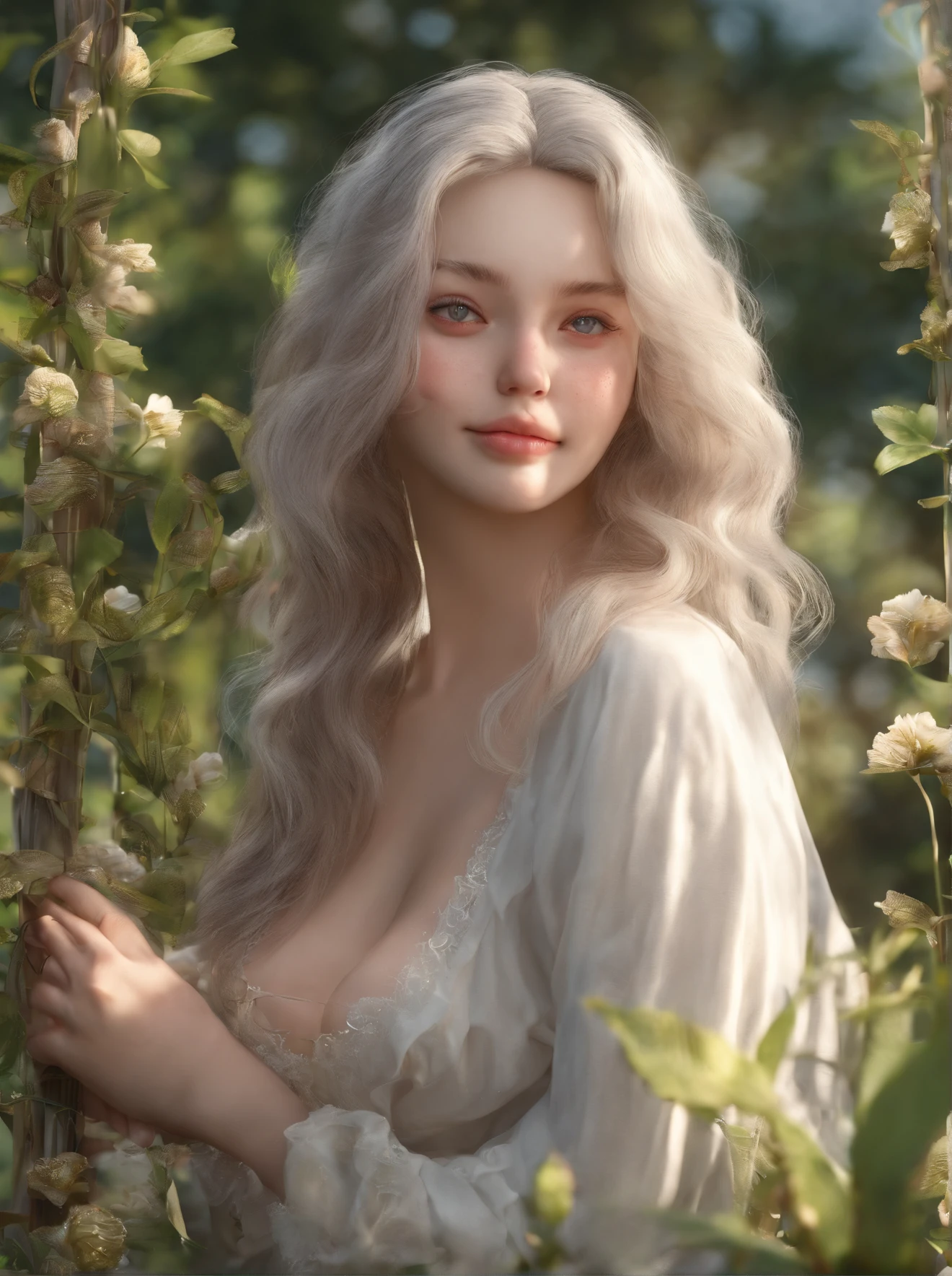 (8K), (Highest quality), (Masterpiece:1.2), (Photorealistic), (Reality.:1.37), Highly detailed, (Kissing),1 girl, cute, smile, long_hair, green plants, Beautifully detailed eyes, beautifully detailed nose, full body, huge breasts, moon arrest, pig, woman, white hair, (curvy body: 0.8), (photorealistic: 1.4), (camera focus on face),( Sharp focus: 1.4),Expression of smile, drowsiness and ecstasy: 1.2),Facial glow