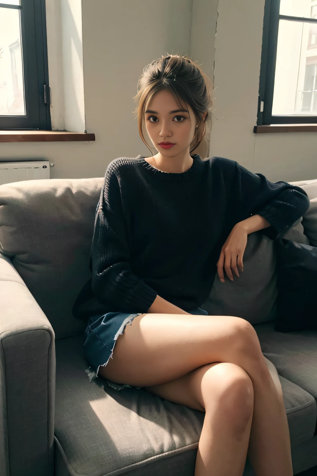 1girll,Sit on a comfortable sofa,Cross ed leg,Soft light