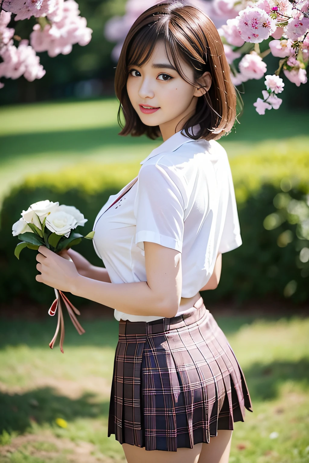 nsfw, 8K raw photo, Best quality, masterpiece, ultra high res, film grain, filmg, 1girl, looking at viewer, natural skin texture, realistic eye and face details, full lips, lipstick, (makeup), red eyeshadow, fluffy short hair, messy hair, smile, close mouth, beautiful legs, tall female, skinny, slim_legs, solo, enormous breast, cleavage, Pose with buttocks facing you, ultra short skirt, ass, shirt, beautiful nature location, around flower location, (detailed background), plaid skirt, white shirt, enormous breast, cleavage, Show a little cleavage through the shirt, loafers, blurry background, blurry, holding, plaid, short sleeves, jk ribbon on the neck, jk ribbon, brown hair, bracelet, water, bangs, school uniform, jewelry, parted lips, lips, from side, pleated skirt, depth of field