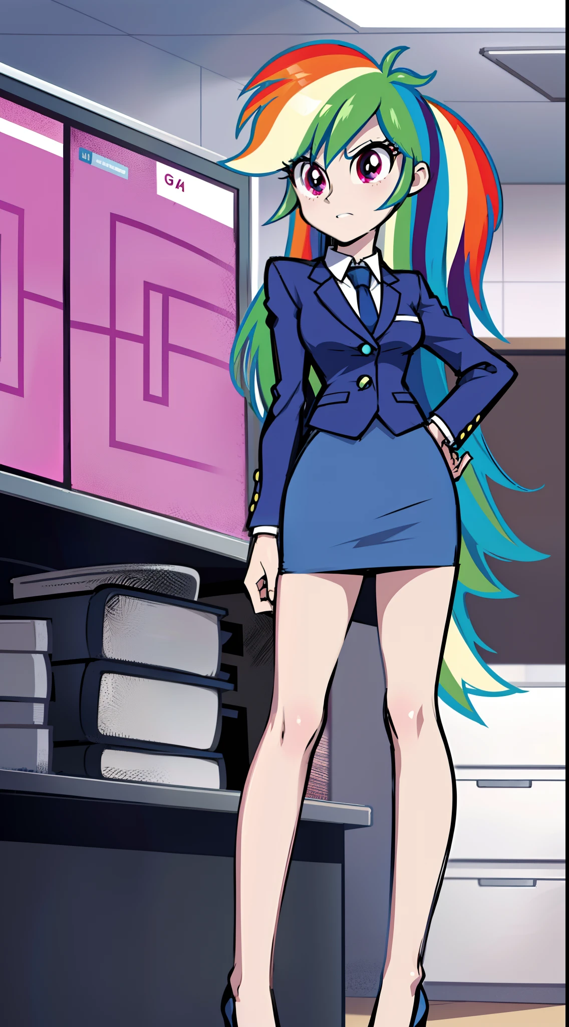 Rainbow Dash, Rainbow Dash of My Little Pony, Rainbow Dash as a girl, skirt suit, business suit, blazer, pencil skirt, bare legs, high heels, office lady, posing, office background