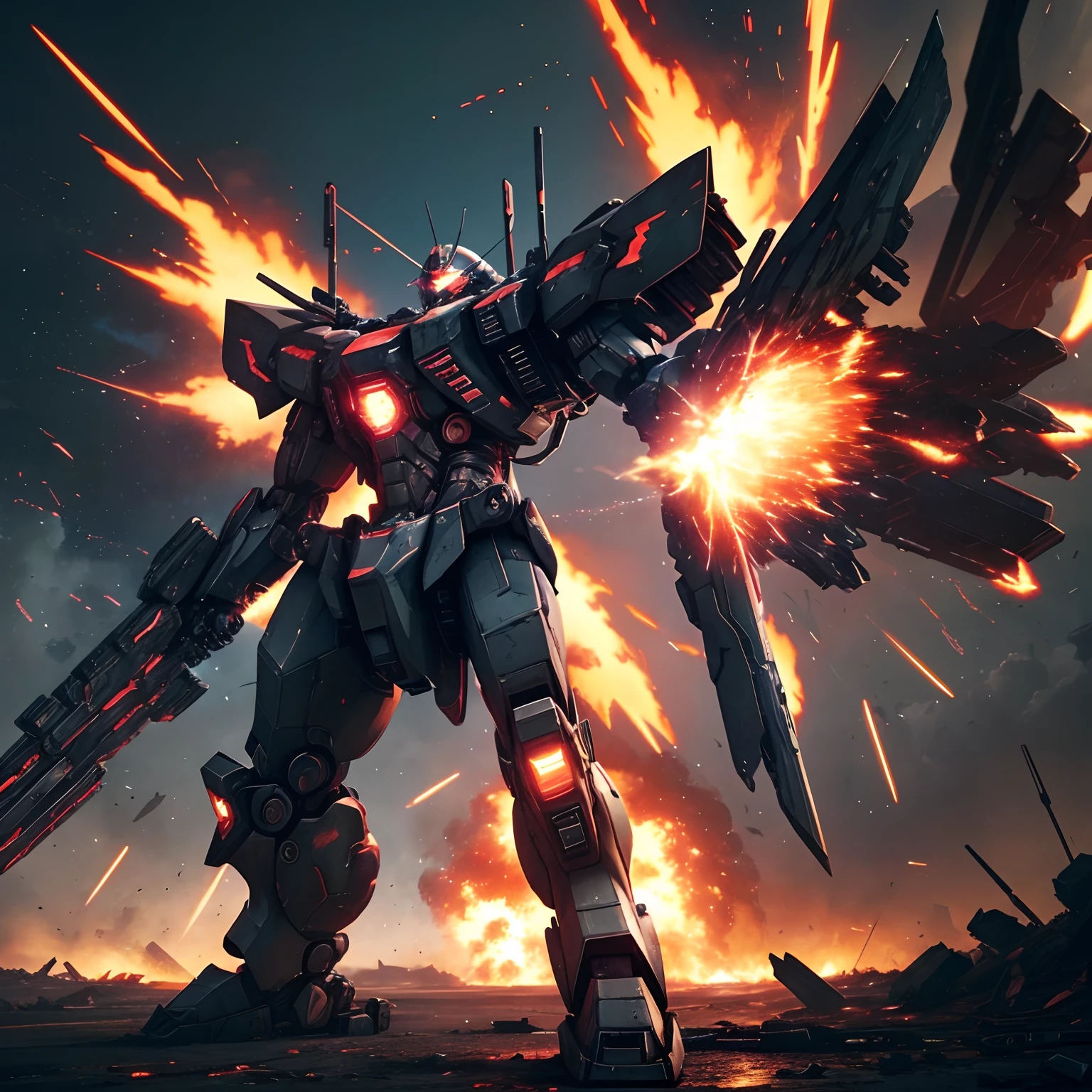 Amidst a cybernetic battlefield, unleash a stunning anime-inspired scene of Armored Core 6. Enveloped in vibrant hues, a colossal, mecha warrior soars above an explosion-ridden wasteland, releasing a torrent of fiery, neon energy. Let your brushstrokes capture the kinetic might and adrenaline-fueled chaos of this epic clash.
