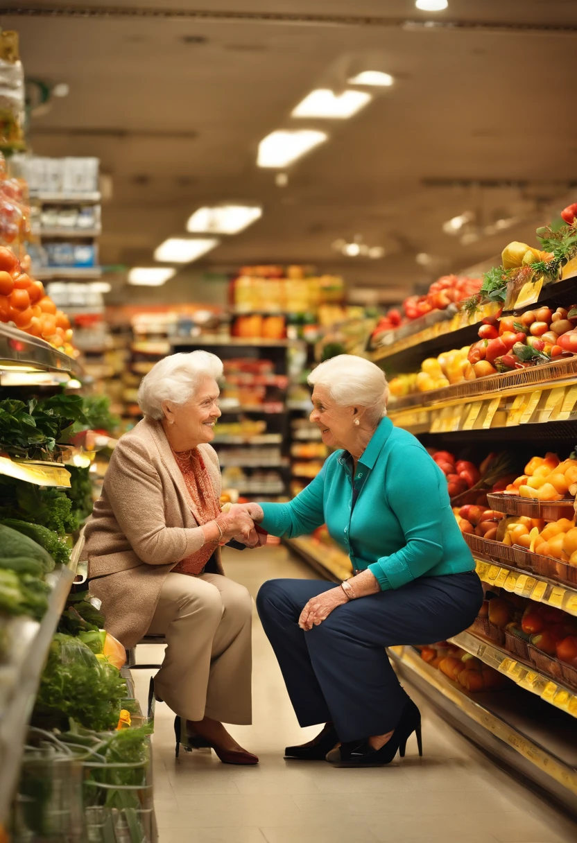 A young supermarket manager crouching while talking to an elderly lady,pen and paper in hand,having a friendly conversation,warm and caring expressions,professional attire,well-lit setting,clean and organized supermarket shelves,modern store design,colourful signage,professional,high-res image quality,realistic lighting,vibrant colours,HDR effect.