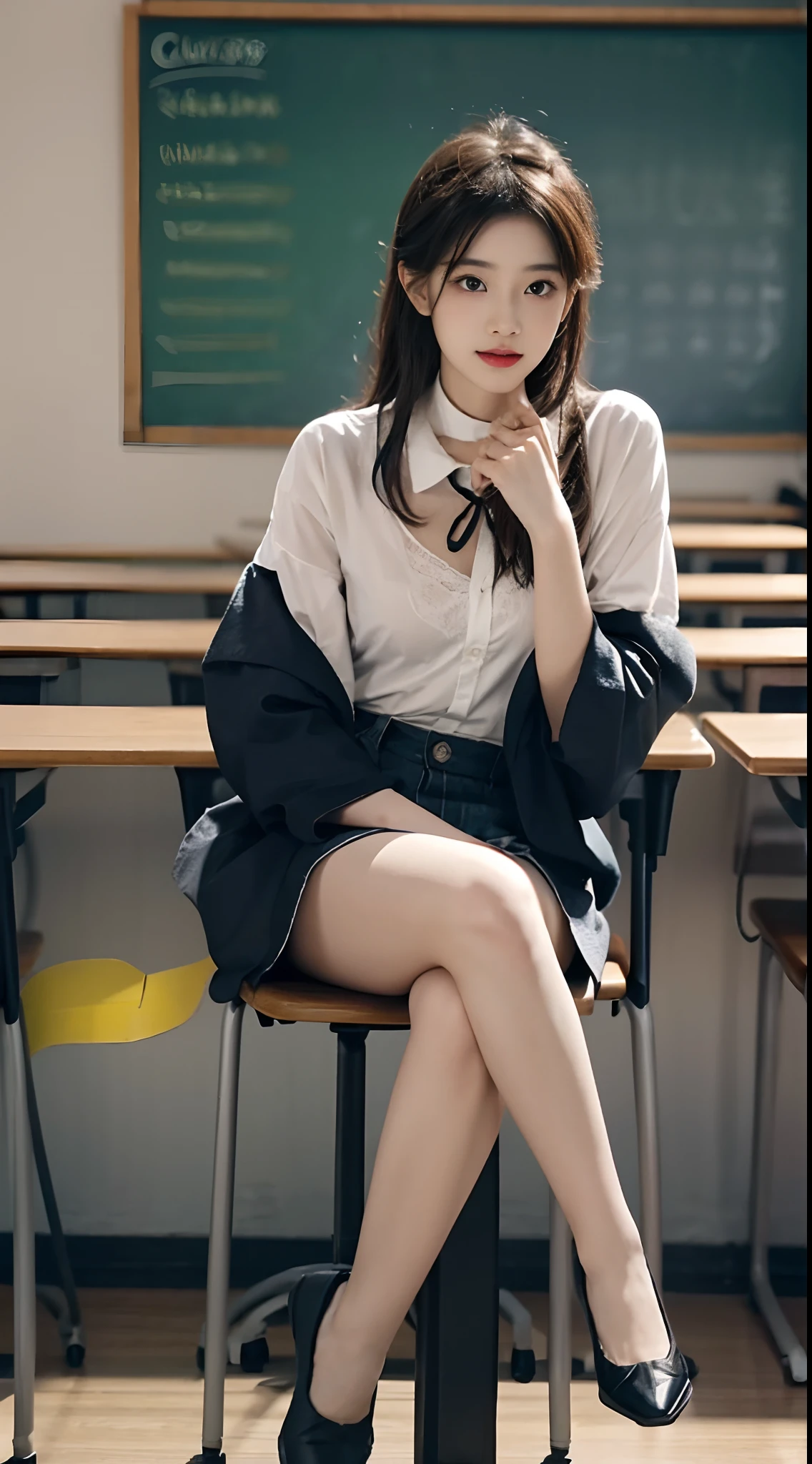 best qualityer，Highest high resolution，one-girl，pupils，Exquisite facial features，largeeyes，long eyelasher，Hydrated red lips，Blushlush，Grim expression，long and flowing hair，Student uniform（nipple tops：Usually long- or short-sleeved shirts，The collar can be a lapel or a stand collar，The color is usually white、Light blue or other light colors。In some schools，The shirt may have the school logo or school name printed on it。 Manteau：Usually a blazer or blazer，The color may be the same or slightly different from the top。In some schools，Jackets may require a school logo or school name。 Skirt or pants：Usually black、Dark blue or other dark pleated skirts or pants。The skirt length is usually above the knee，Pants are usually straight legs or leggings。 shoe：Usually black、Dark blue or other dark leather or sneakers。In some schools，Students may be required to wear lace-up shoes or round-toe shoes），Exquisite facial features，perfect body figure，in class room，Sit in front of the blackboard，sit on chair, Black stockings are particularly eye-catching，中景 the scene is，Great for students，Doing，Doing，Ultra-close-up，Close-up of people，solo person，Solo