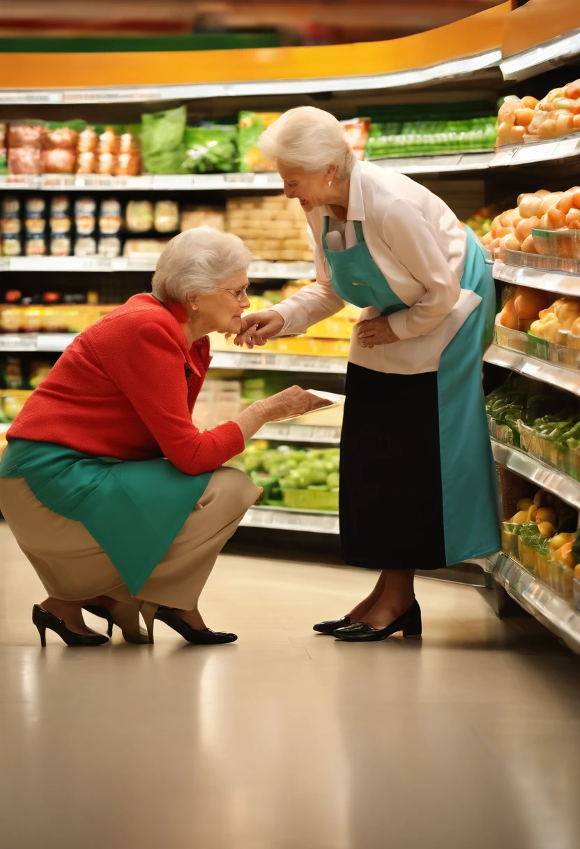 A young supermarket manager crouching while talking to an elderly lady,pen and paper in hand,having a friendly conversation,warm and caring expressions,professional attire,well-lit setting,clean and organized supermarket shelves,modern store design,colourful signage,professional,high-res image quality,realistic lighting,vibrant colours,HDR effect.
