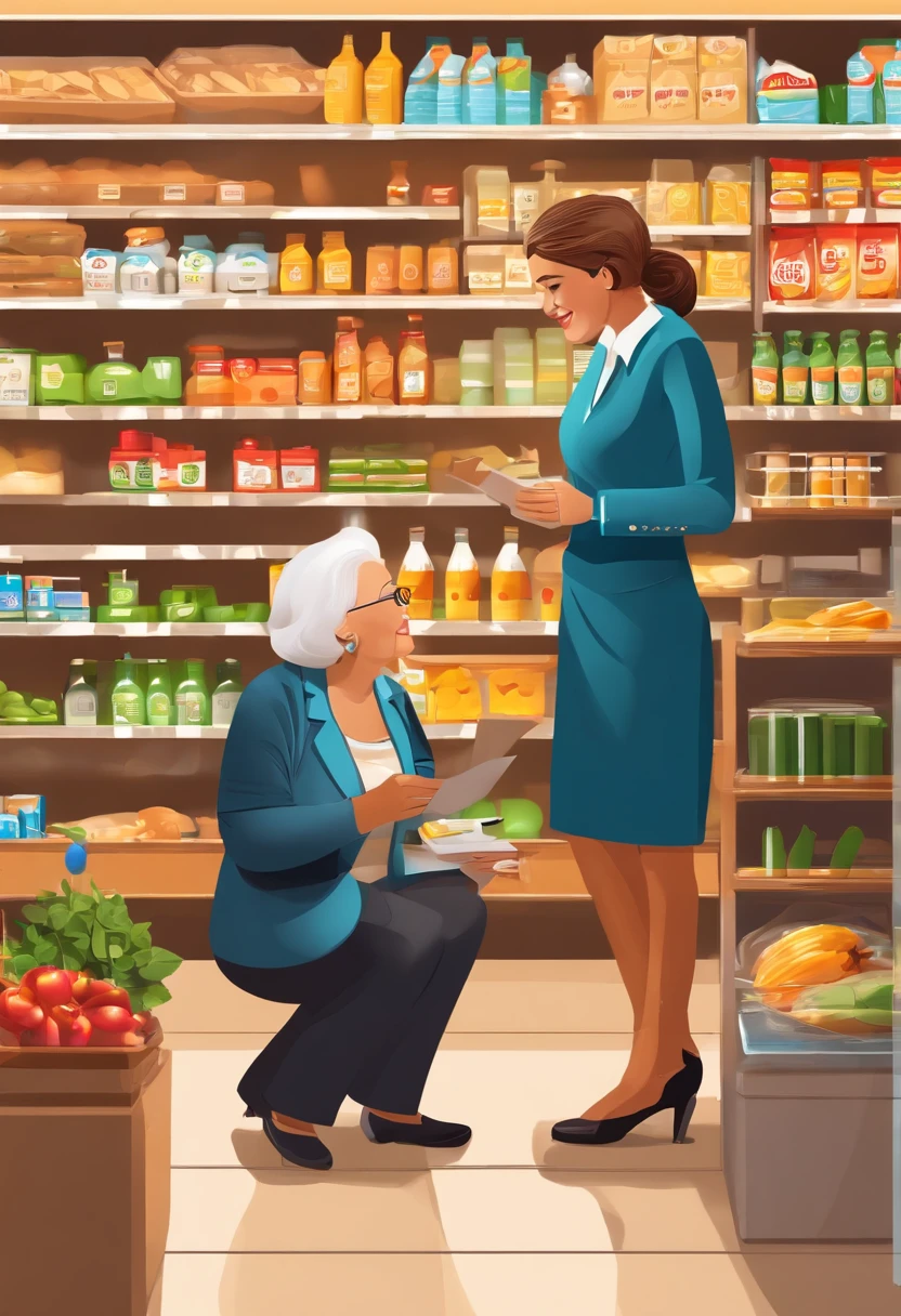 A young supermarket manager crouching while talking to an elderly lady,pen and paper in hand,having a friendly conversation,warm and caring expressions,professional attire,well-lit setting,clean and organized supermarket shelves,modern store design,colourful signage,professional,high-res image quality,realistic lighting,vibrant colours,HDR effect.