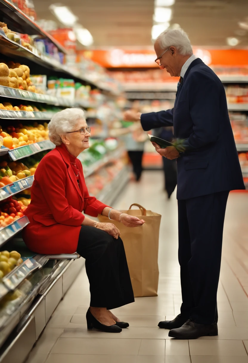A young supermarket manager crouching while talking to an elderly lady,pen and paper in hand,having a friendly conversation,warm and caring expressions,professional attire,well-lit setting,clean and organized supermarket shelves,modern store design,colourful signage,professional,high-res image quality,realistic lighting,vibrant colours,HDR effect.