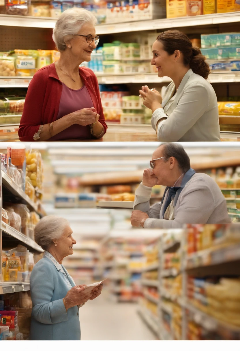 A young supermarket manager crouching while talking to an elderly lady,pen and paper in hand,having a friendly conversation,warm and caring expressions,professional attire,well-lit setting,clean and organized supermarket shelves,modern store design,colourful signage,professional,high-res image quality,realistic lighting,vibrant colours,HDR effect.
