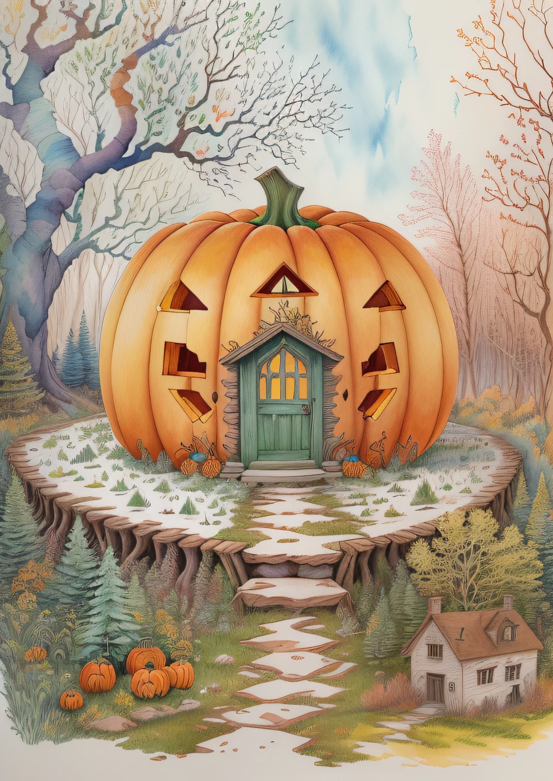 there is a drawing of a pumpkin house in the woods, coloring book page, colored in, richly detailed colored, highly detailed and colored, full color illustration, silent decay coloring, colored illustration, very detailed and colorful, full color drawing, detailed watercolor, watercolor pencil + ink drawing, fantasy coloring, water color and pen, impossibly detailed