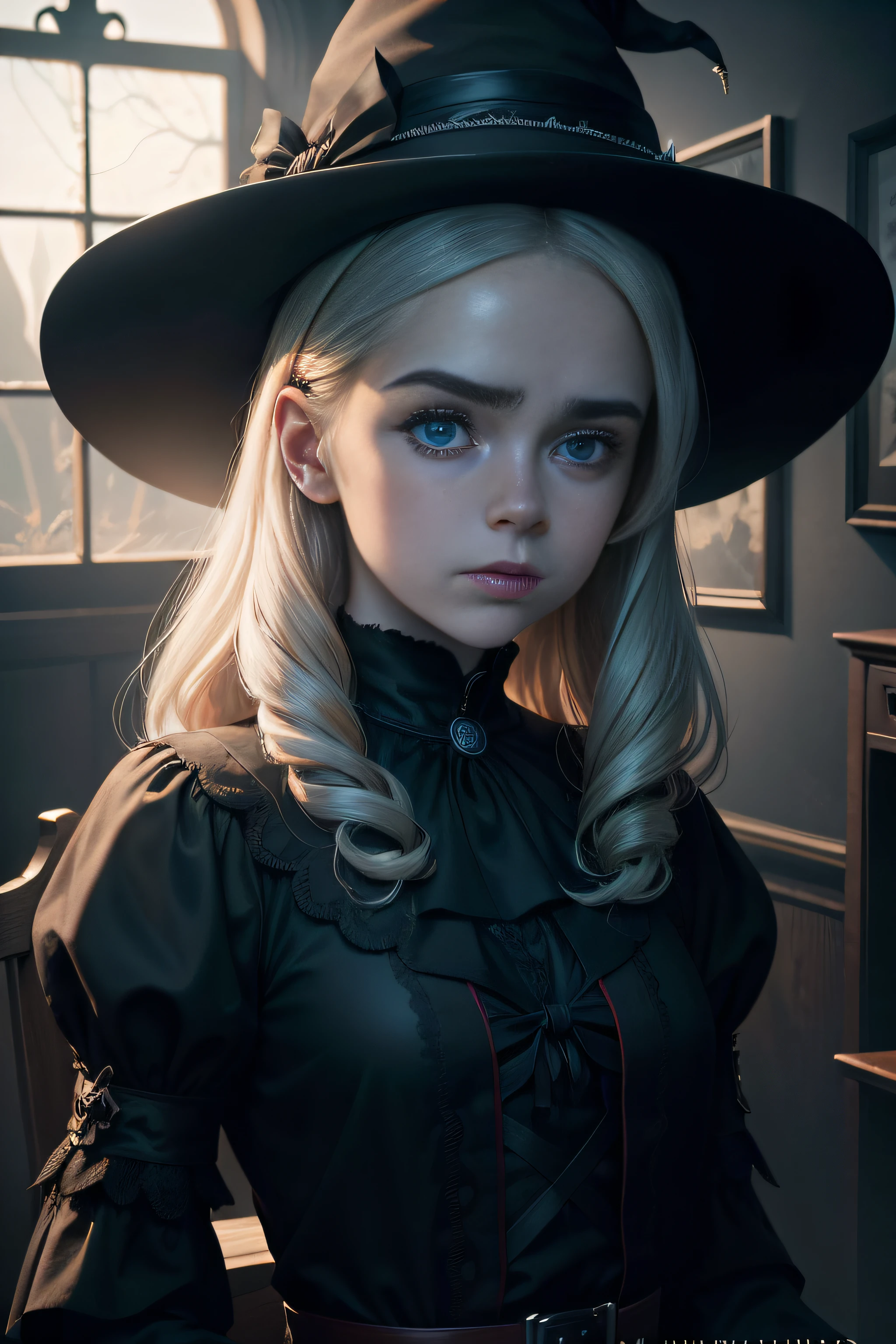 A hyper-realistic, Close-up shot of the witch Sabrina ((Kiernan Shipka)) From the chilling adventures of the Sabrina series, masutepiece, Best Quality, Highest Quality, Cinematic lighting, (Volumetric lighting), Highly detailed CG Unity 8K wallpaper, Focused, 8K Wallpaper, 4k wallpaper, Extremely detailed, A hyper-realistic, Photorealistic, Sharp Focus, absurderes, (nffsw:1.2), (High contrast), photograph, Detailed and Intricicated, Instagram, Portrait, Highly detailed, Digital Painting, art  stations, Spooky, Halloween, Scary, Fantasy, Mystical, myst, Scary, Fantasy, featured on Artstation, 8K