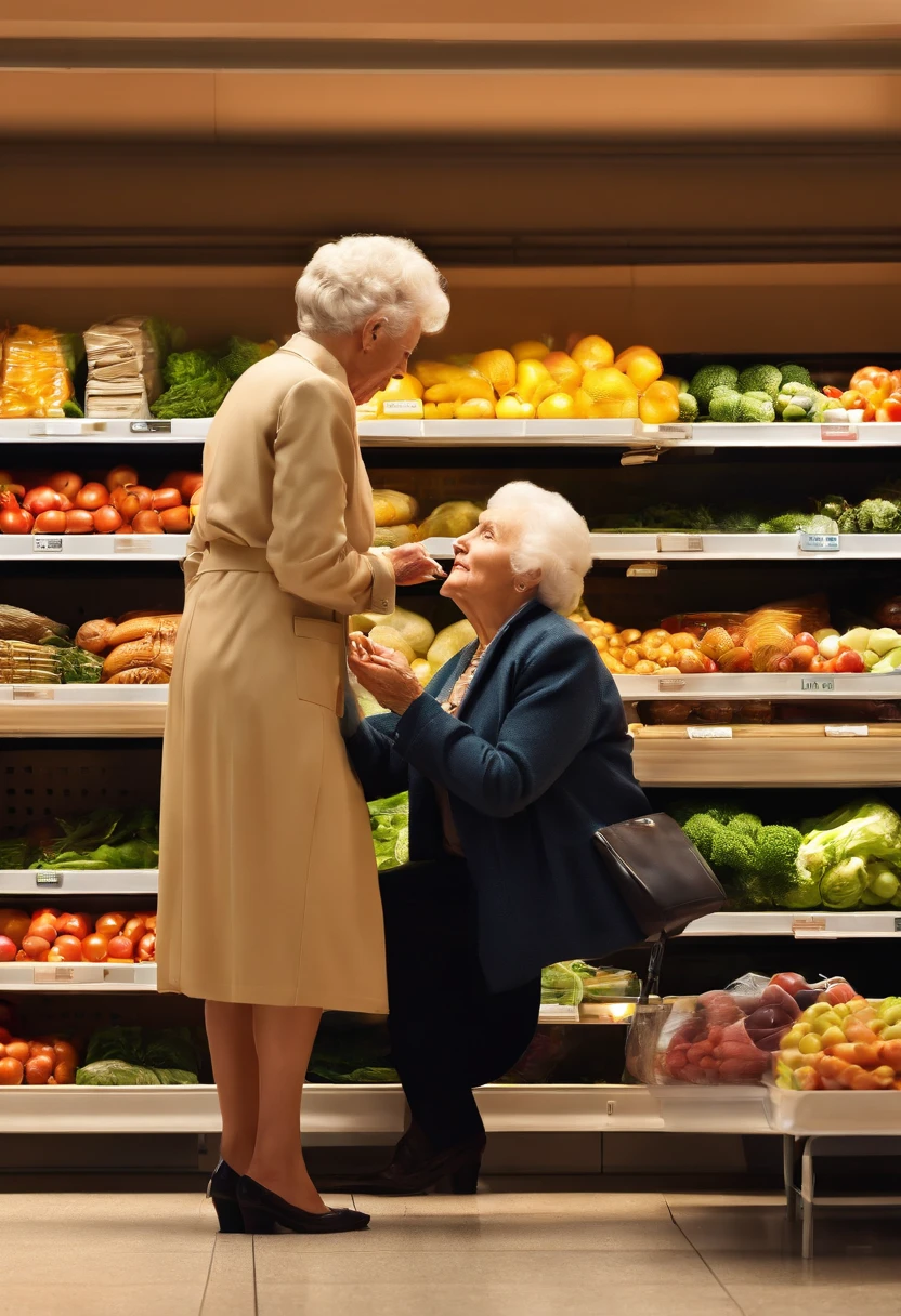 A young supermarket man crouching while talking to an elderly lady,pen and paper in hand,having a friendly conversation,warm and caring expressions,professional attire,well-lit setting,clean and organized supermarket shelves,modern store design,colourful signage,professional,high-res image quality,realistic lighting,vibrant colours,HDR effect.