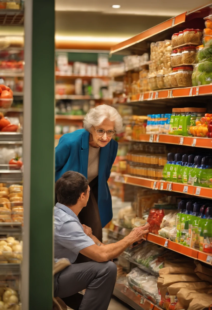 A young supermarket man crouching while talking to an elderly lady,pen and paper in hand,having a friendly conversation,warm and caring expressions,professional attire,well-lit setting,clean and organized supermarket shelves,modern store design,colourful signage,professional,high-res image quality,realistic lighting,vibrant colours,HDR effect.