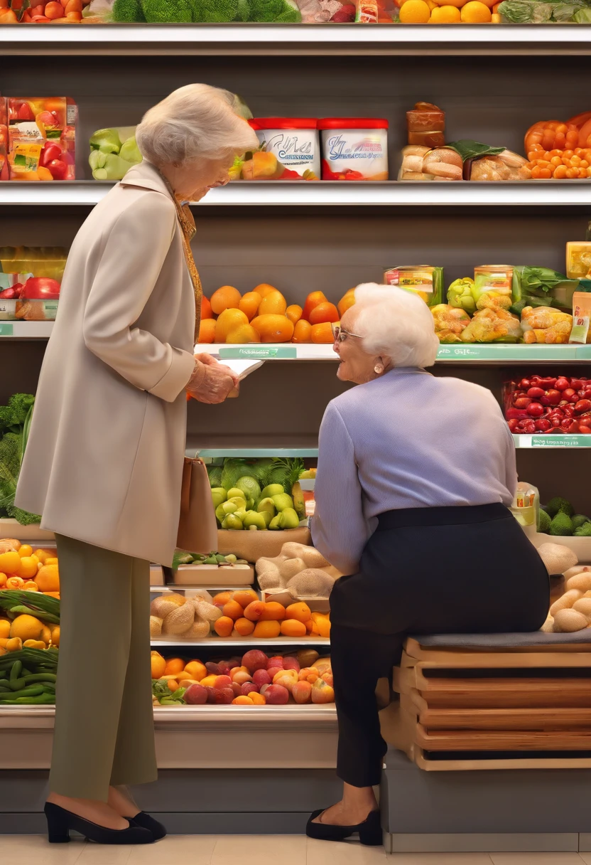 A photorealistic image of a naked 80 year old woman walking through a busy market, with vendors selling colorful fruits and vegetables all around. Shot from a close-up angle to capture the sense of texture and vibrancy, smiling, wide hips, heavy pubic hair covering pussy, naked women in the background, pubic hair reaches the bellybutton(hips wider that shoulders)((barefoot))