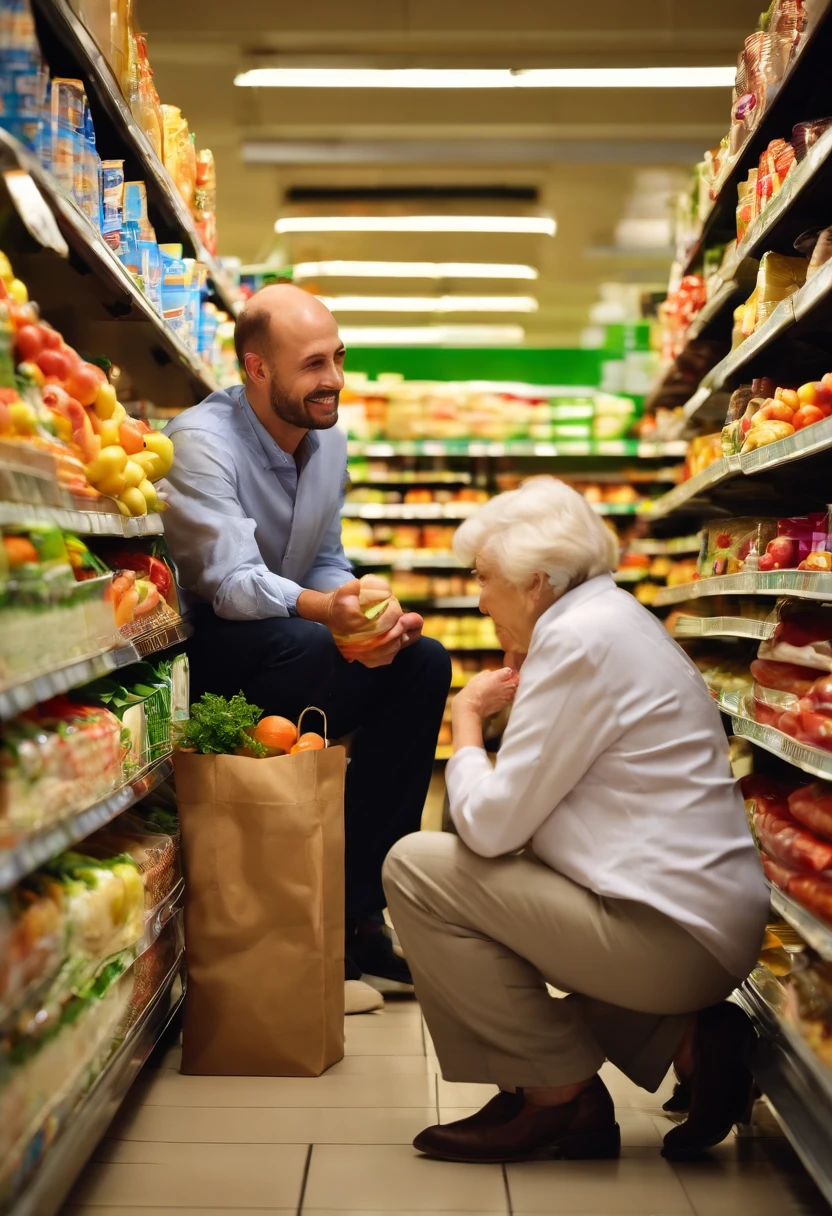A young supermarket man crouching while talking to an elderly lady,pen and paper in hand,having a friendly conversation,warm and caring expressions,professional attire,well-lit setting,clean and organized supermarket shelves,modern store design,colourful signage,professional,high-res image quality,realistic lighting,vibrant colours,HDR effect.
