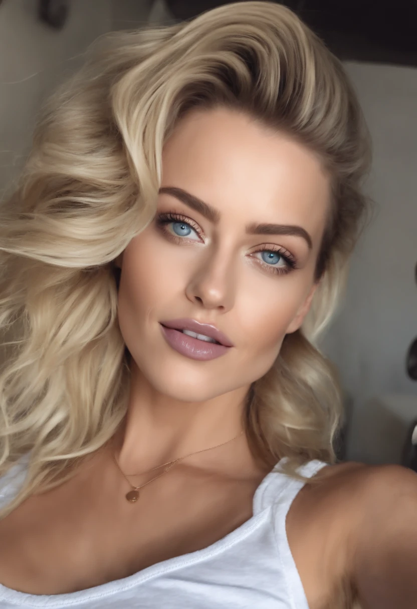 woman with matching tank top and panties, Sexy girl with blue eyes, portrait Amber Heard, portrait corinna kopf, blonde hair and large eyes, Selfie einer jungen Frau, Augen im Schlafzimmer, Violet Myers, ohne Make-up, Natural makeup, Blick direkt in die Kamera, Gesicht mit Artgram, dezentes Make-up, Stunning full body shot, im Schlafzimmer, Spaltung
