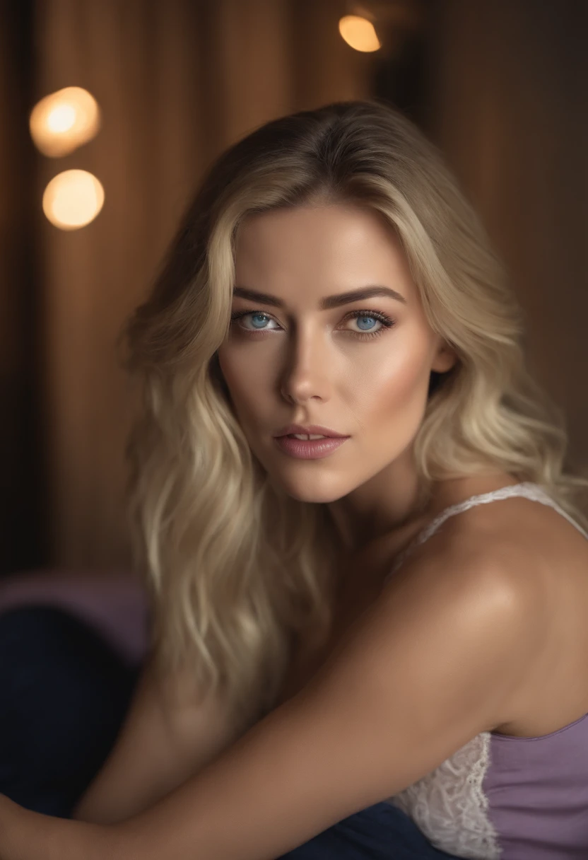 woman with matching tank top and panties, Sexy girl with blue eyes, portrait Amber Heard, portrait corinna kopf, blonde hair and large eyes, Selfie einer jungen Frau, Augen im Schlafzimmer, Violet Myers, ohne Make-up, Natural makeup, Blick direkt in die Kamera, Gesicht mit Artgram, dezentes Make-up, Stunning full body shot, im Schlafzimmer, Spaltung