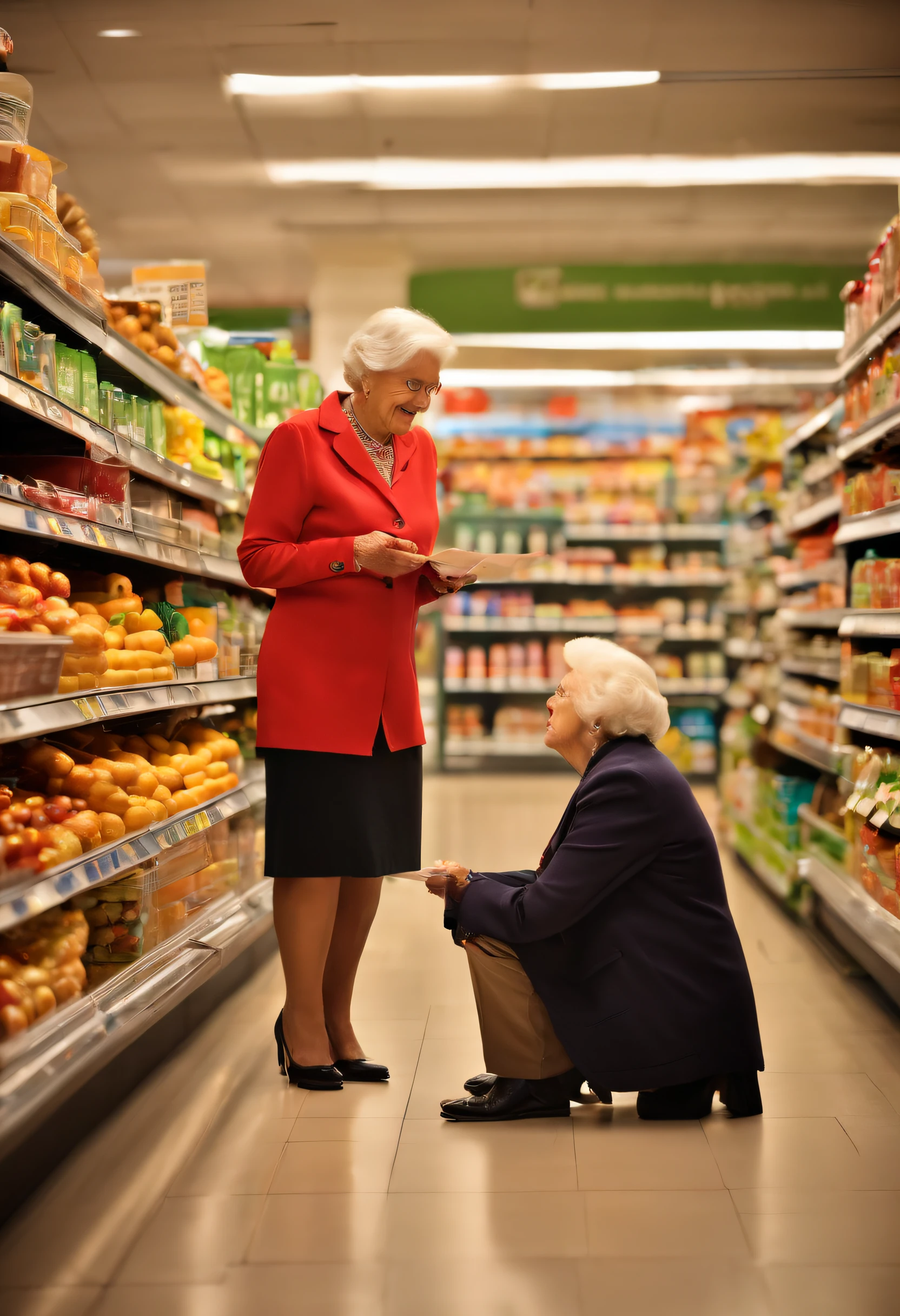 A young supermarket manager crouching while talking to an elderly lady,pen and paper in hand,having a friendly conversation,warm and caring expressions,professional attire,well-lit setting,clean and organized supermarket shelves,modern store design,colourful signage,professional,high-res image quality,realistic lighting,vibrant colours,HDR effect.