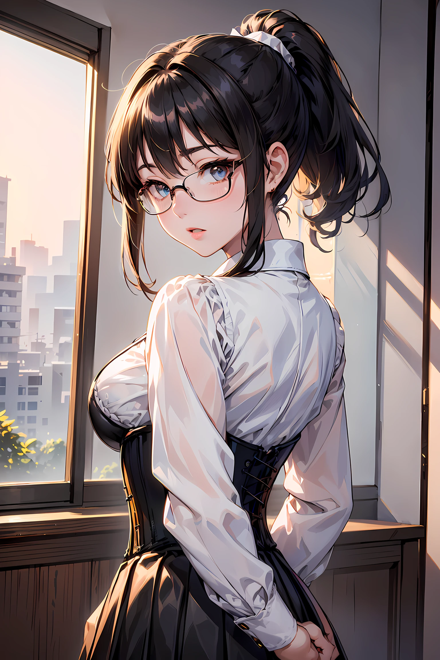 (1glasses girl:1.3, solo), (Audrey Hepburn:1.3), (a extremely pretty and beautiful Japanese woman), (sexy girl), (professional attire:1.3), (22 years old: 1.1), (from below:1.3), (low angle:1.3), (ground level shot:1.3), (girl on top:1.3), (arms behind back between legs:1.3), (attractive random posing:1.3), (in the queen's room:1.3), (look down:1.3), (starring at you:1.3), (front view:1.3), break, (ponytail:1.3), (shiny-black thin hair:1.2), bangs, dark brown eyes, beautiful eyes, princess eyes, (big eyes:1.3), bangs, wearing a glasses:1.3, Hair between eyes, short hair:1.3, (slender:1.1), (small-medium-breasts:0.95), (thin waist: 1.15), (detailed beautiful girl: 1.4), Parted lips, Red lips, full-make-up face, (shiny skin), ((Perfect Female Body)), (upper body image:1.3), Perfect Anatomy, Perfect Proportions, (most beautiful Korean actress face:1.3, extremely cute and beautiful Japanese actress face:1.3), BREAK, (View viewer, wearing a embroidery frills sexy teacher uniform, (insanely detailed classical gothic teacher outfit:1.3), (white collared blouse:1.3, long-sleeve:1.3), (corset:1.3), (black high-waist-jumper-skirt:1.3), (lace frill skirt), detailed clothes, BREAK, (detailed classy queen's room background:1.2), (dark background), (Studio soft lighting: 1.3), (fake lights: 1.3), (backlight: 1.3), BREAK, (Realistic, Photorealistic: 1.37), (Masterpiece, Best Quality: 1.2), (Ultra High Resolution: 1.2), (RAW Photo: 1.2), (Sharp Focus: 1.3), (Face Focus: 1.2), (Ultra Detailed CG Unified 8k Wallpaper: 1.2), (Beautiful Skin: 1.2), (pale Skin: 1.3), (Hyper Sharp Focus: 1.5), (Ultra Sharp Focus: 1.5), (Beautiful pretty face: 1.3), (super detailed background, detail background: 1.3), Ultra Realistic Photo, Hyper Sharp Image, Hyper Detail Image,