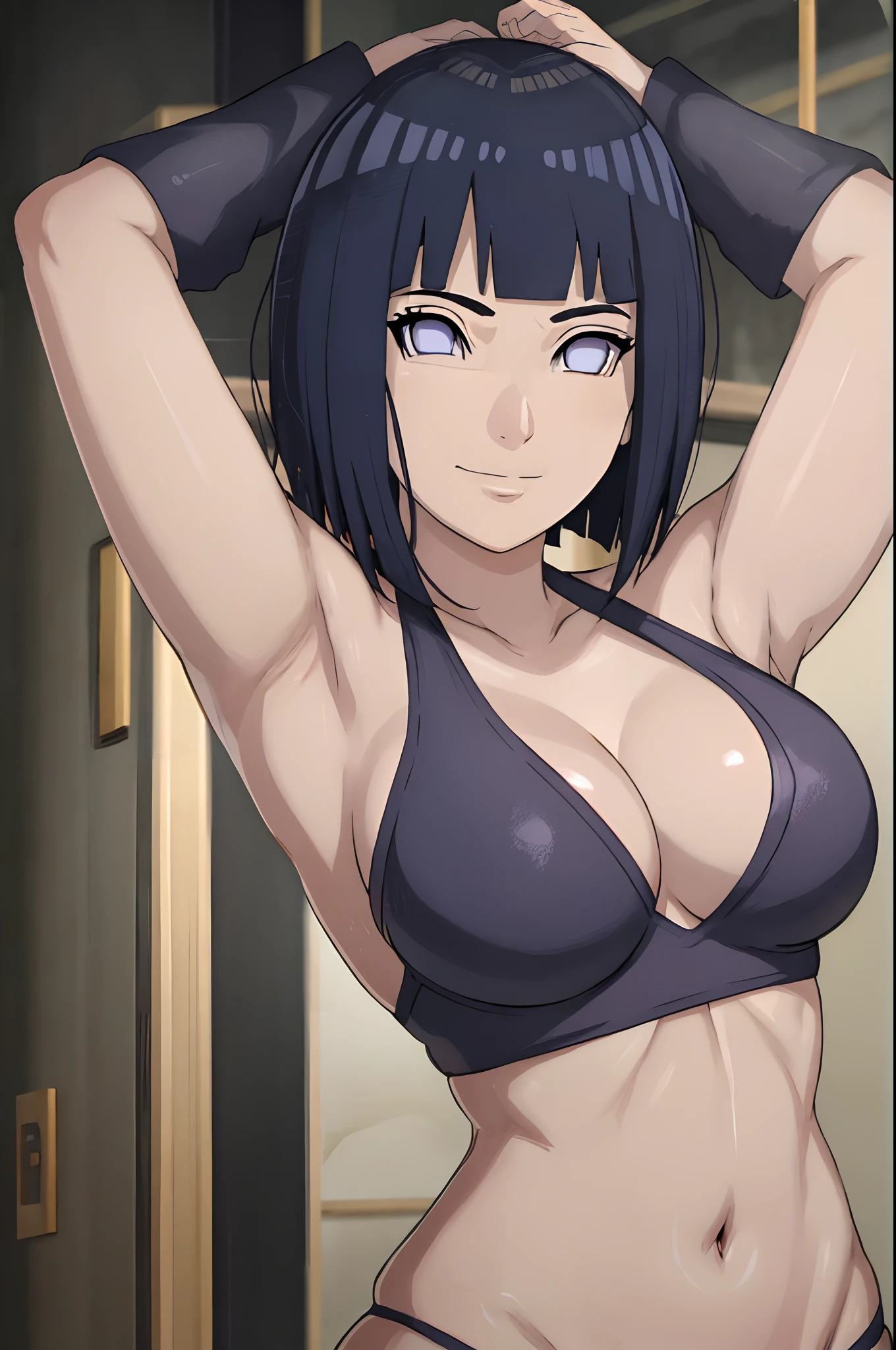 anime style, wrestling ground, (hinata\(boruto\), (female wrestler), (slender body), mature woman, milf, (bikini, pro wrestling gear) victorious, gorgeous, winner, kind face, smile, closed mouth, pale skin, shiny skin, (dark blue hair color:1.1), wavy hair, ((short hair, hime cut), big breasts, (only one arm stretching), long belly, closed fists, seductive, (perfect eyes, white sciera, bright eyes, white eyes, anime eyes, eyeshadow), (groin)