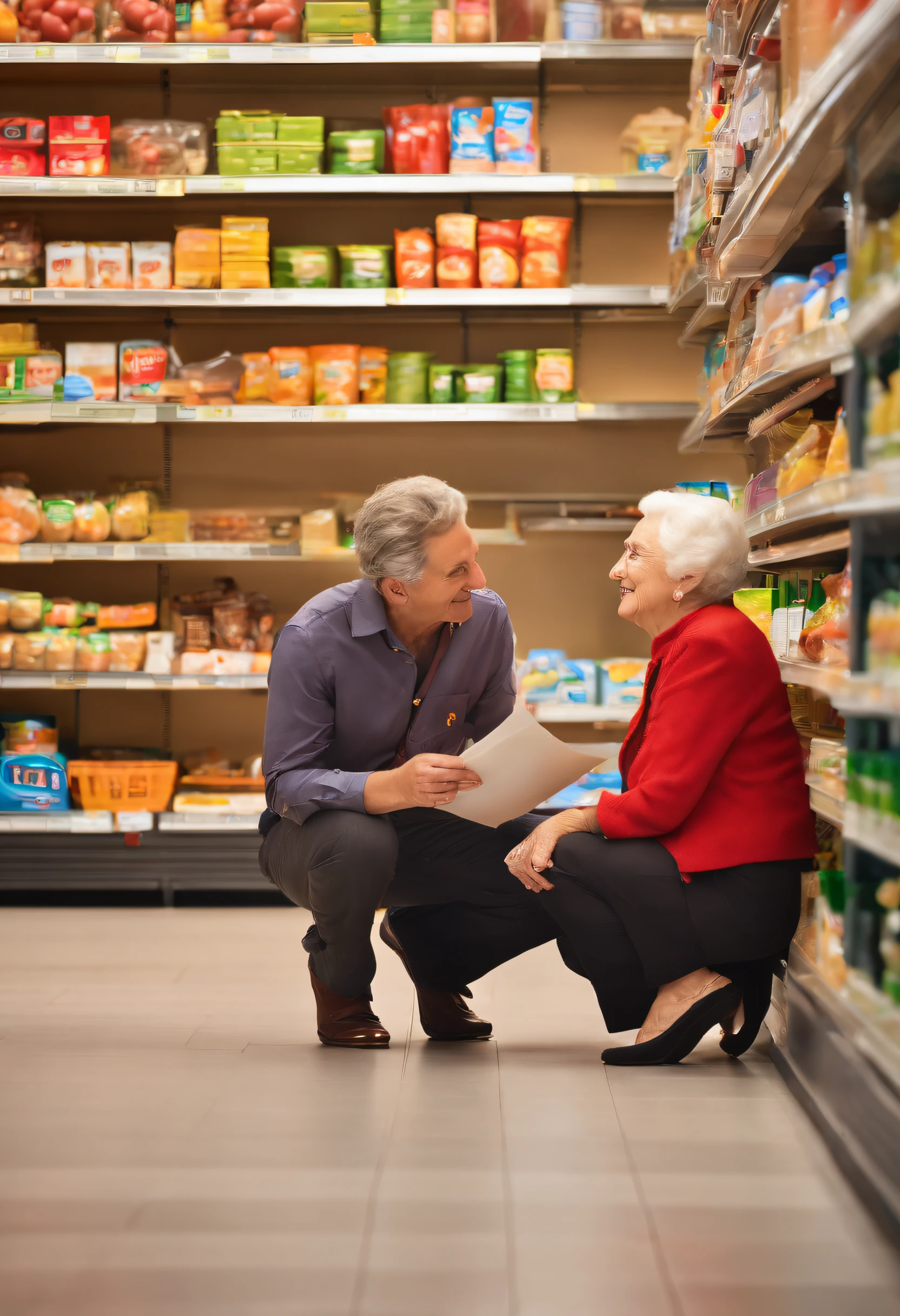A young supermarket manager crouching while talking to an elderly lady,pen and paper in hand,having a friendly conversation,warm and caring expressions,professional attire,well-lit setting,clean and organized supermarket shelves,modern store design,colourful signage,professional,high-res image quality,realistic lighting,vibrant colours,HDR effect.