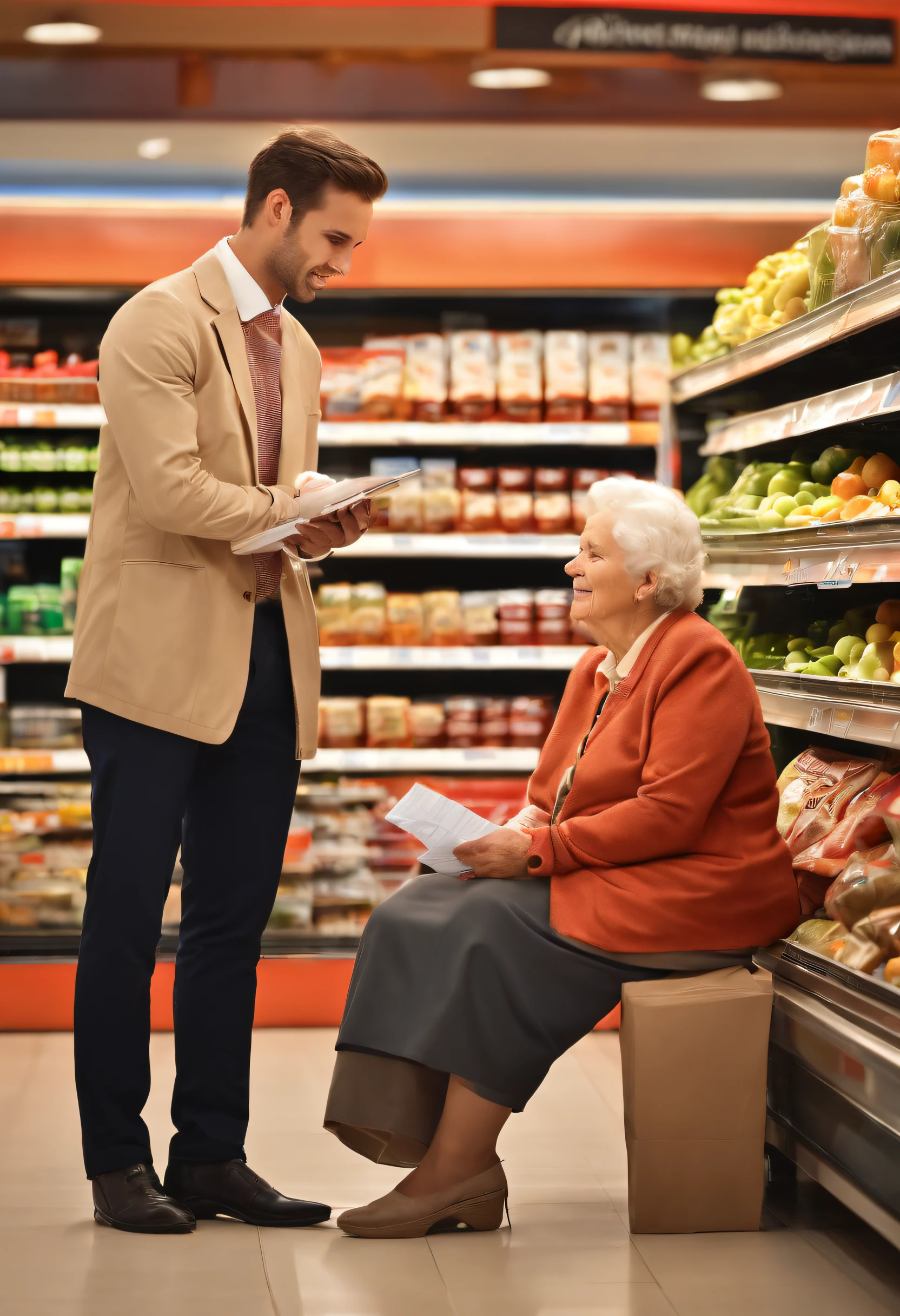 A young supermarket manager crouching while talking to an elderly lady,pen and paper in hand,having a friendly conversation,warm and caring expressions,professional attire,well-lit setting,clean and organized supermarket shelves,modern store design,colourful signage,professional,high-res image quality,realistic lighting,vibrant colours,HDR effect.