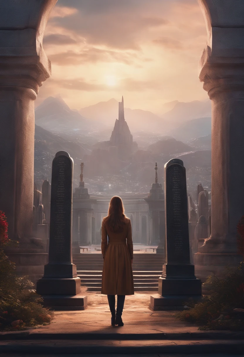 Cinema lenses,Large panoramic shot,The close-up view is a cemetery,White tombstones are erected here,Below the mountain in the distance is the colorful light and shadow of a cyberpunk-style futuristic city,There are some faint lights in the night,A tall young woman,Bow your head in silence in front of the tombstone,The scale is 16:9