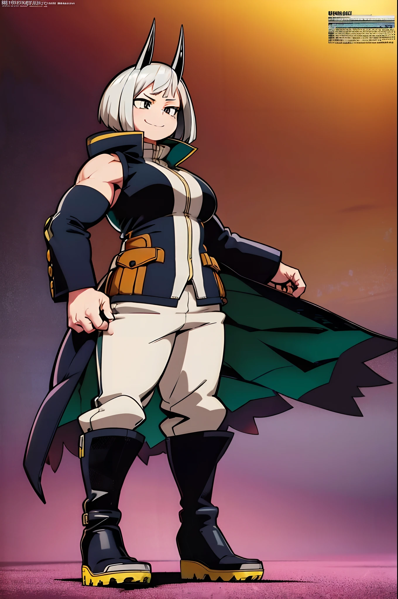silver hair, single horn, big girl, robust, muscle girl, vest, pants, short hair, chubby face, solo focus, standing, black clothes,medium breast, tomboy, black coat full body, standing, sharpteeth ,smile, long sleeves, living hair, energic hair,, boots, solo