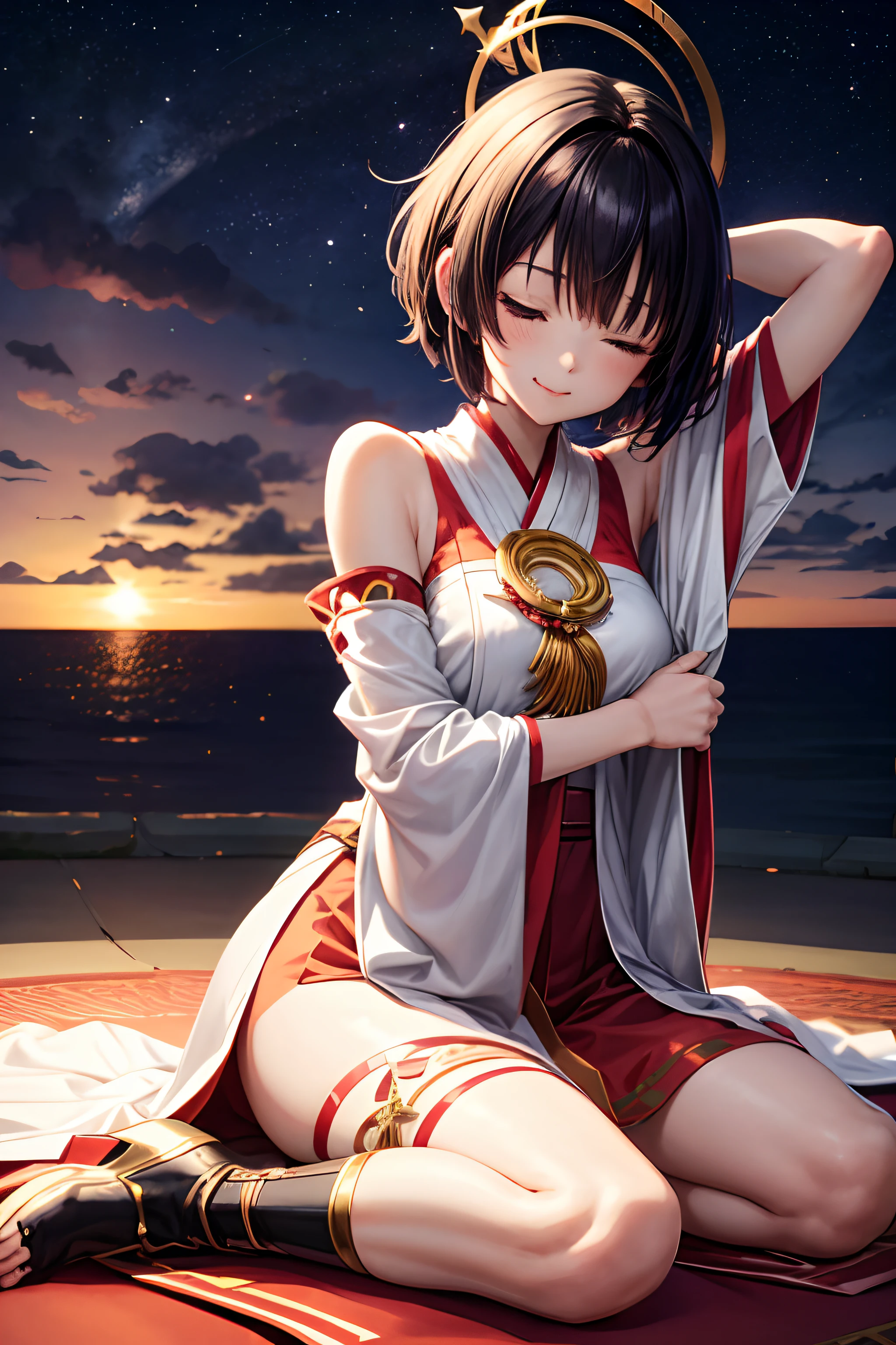 starnight, lookingback, fullbody, miko, lone nape hair, short hair, one eye closed, tongue out, sitting, arms behind head, anime style, anime, drop shadow, best quality, 4K, award winning, super detail, textured skin
