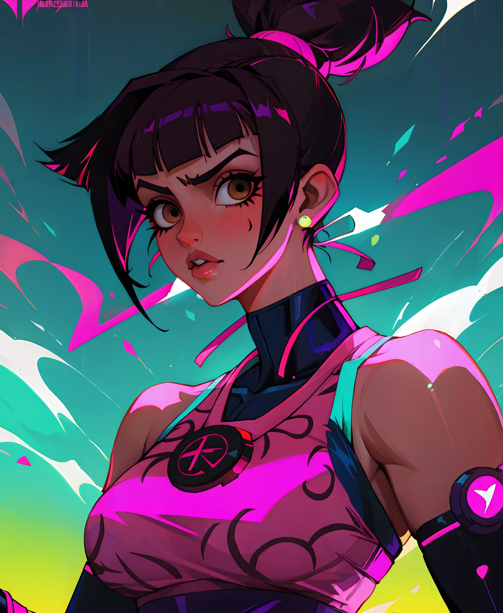 ((melhor qualidade)), ((master part)), ultra-detalhada, Juri Han,Menina bonita Juri Han de Street Fighter, Garota bonita, Neon light. veste um (Top Tecnologia-Desgaste) e um (corda preta, white pattern :1.2) , ((Beautiful and Aesthetic)), sexy, seios grandes, gostosa, mama grande, cyberpunk gym, dingy gym, rosto bonito detalhado, brown eyes beautiful lips