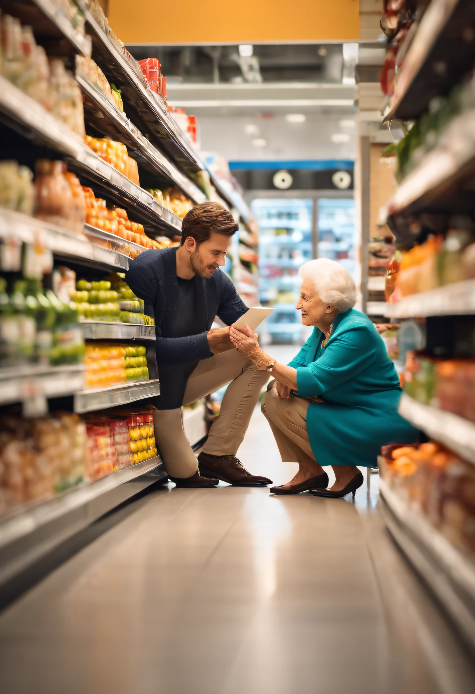 A young supermarket man crouching while talking to an elderly lady,pen and paper in hand,having a friendly conversation,warm and caring expressions,professional attire,well-lit setting,clean and organized supermarket shelves,modern store design,colourful signage,professional,high-res image quality,realistic lighting,vibrant colours,HDR effect.