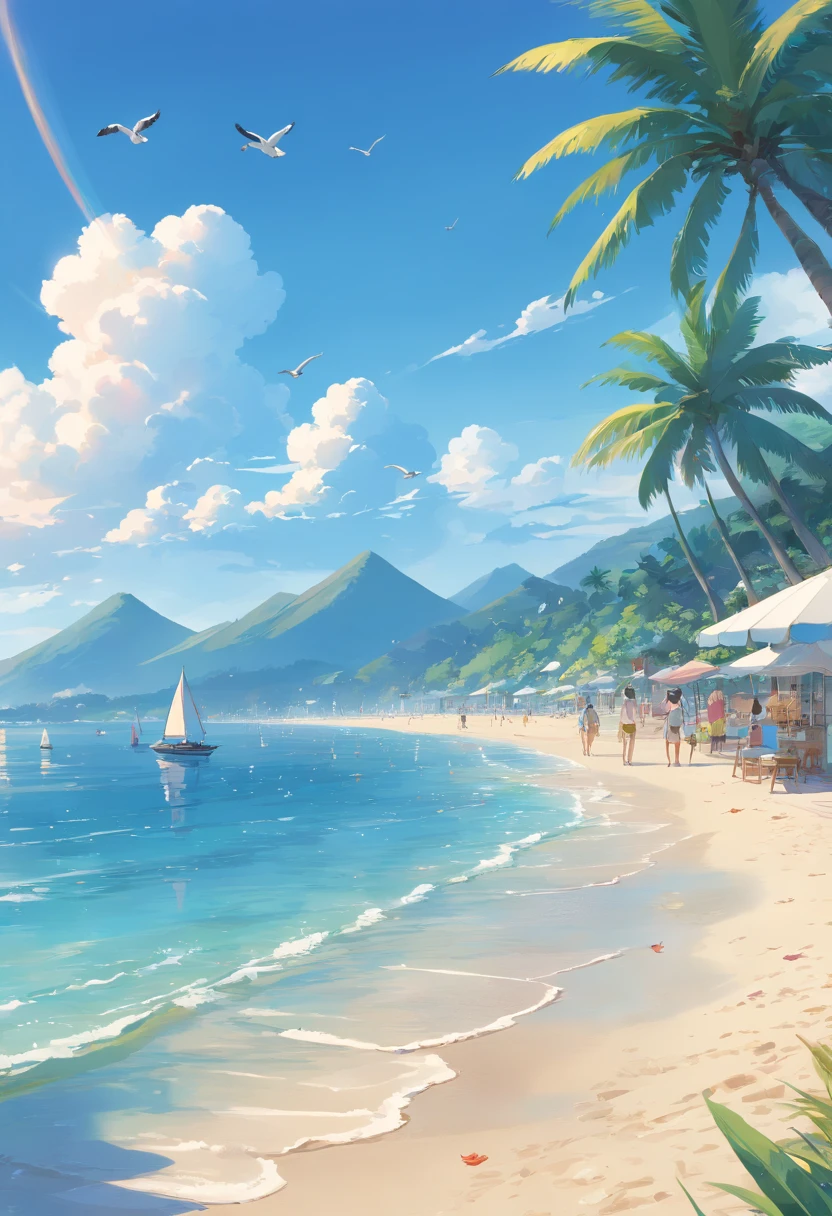 Painting of a beach with palm trees and a boat in the water - SeaArt AI