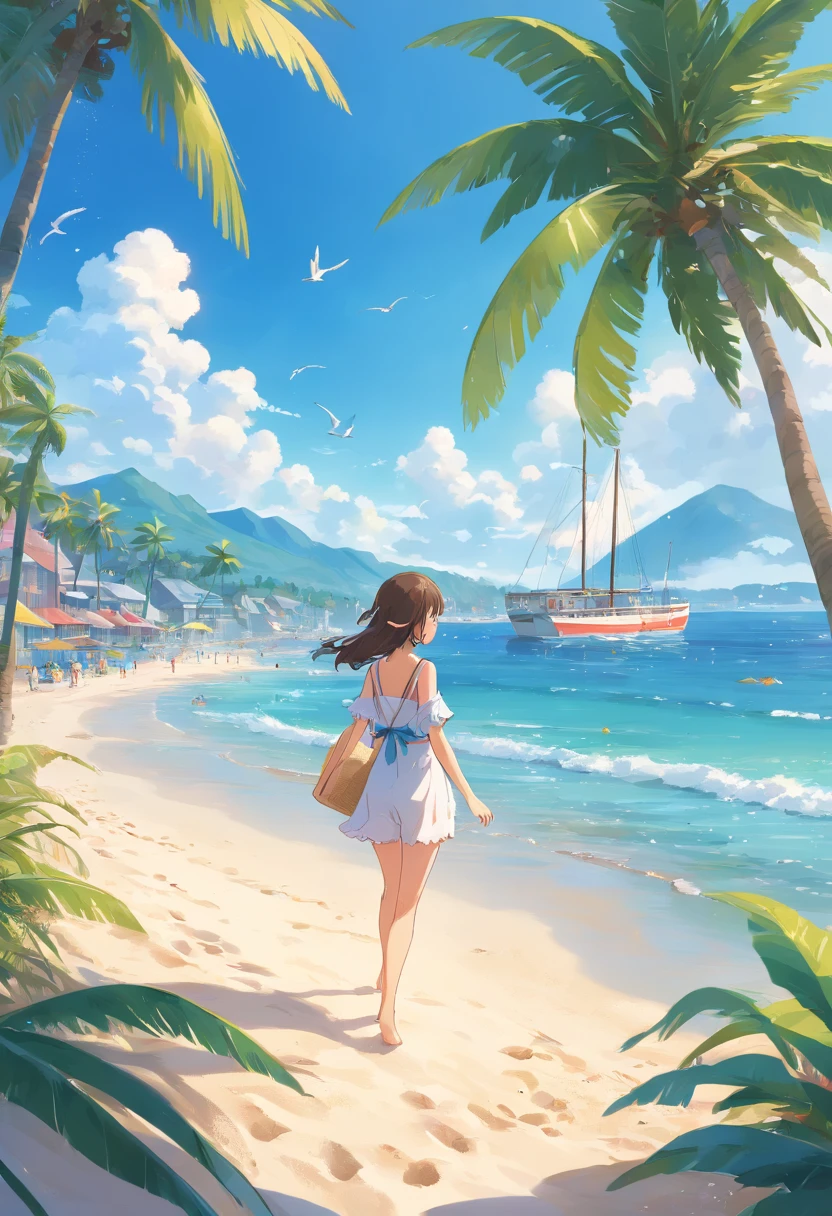(Best quality,4K,8K,A high resolution,Masterpiece:1.2),Ultra-detailed,(Realistic,Photorealistic,photo-realistic:1.37),Hot summer days,shining sun,Tranquil ocean,Soft sand,Whirlpool waves,Sandy Beach,Shiny parasol,Cooling lampshade,Vibrant colors,relaxing atmosphere,Sun-kissed skin,A lazy afternoon stroll,Gentle sea breeze,laughter and joy,Lush green palm trees,Tropical paradise,Seagulls soar in the sky,Peace and tranquility,A faint smell of sunscreen,Sparkling water,Coconut drinks,Naughty kids build sandcastles,Sailing ship in the distance,The tranquility of the horizon,Floating clouds,Shells scattered on the shore,Beach volleyball game,Swimming and frolicking,footprints in the sand,Aral sea fog on the lips,Couples holding hands,Cheerful shouts and laughter,Ferris wheel in the distance,icecream car,Seagulls diving into the water,The fisherman casts his net,The endless sea,Beach umbrellas dot the coastline,People sunbathe and read books,Beach towels and beach balls.