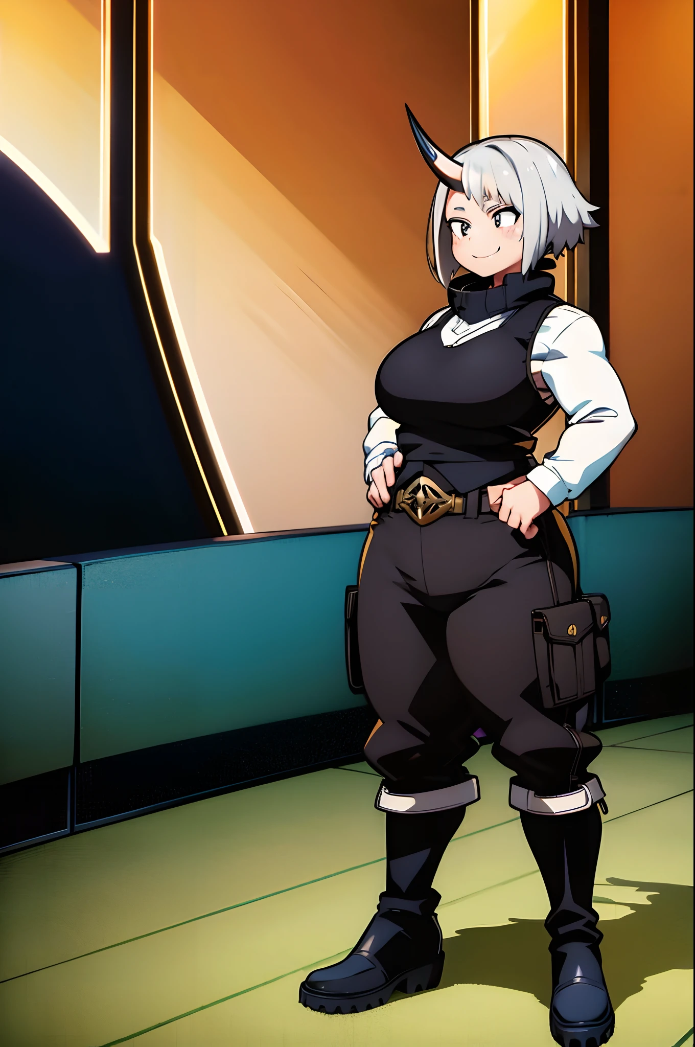 silver hair, single horn, big girl, robust, muscle girl, vest, pants, short hair, chubby face, solo focus, standing, black clothes,medium breast, tomboy, black coat full body, standing, sharpteeth ,smile, long sleeves, living hair, energic hair,, boots, solo