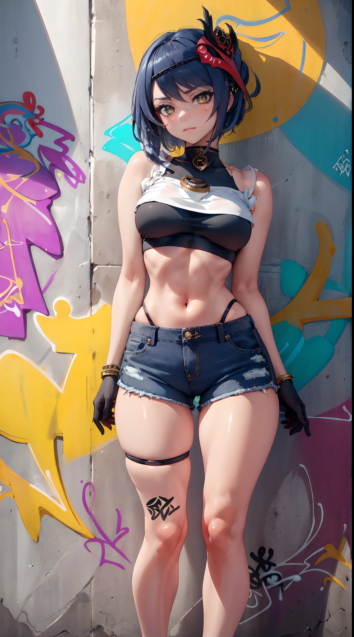 Kujou Sara Genshin Effect, masterpiece, bestquality, 1girls, mediuml breasts, bara, crop top, shorts jeans, choker, (Graffiti:1.5), color splashes, arm behind back, against wall, looking at the audience, bracelet, Thigh strap, Head tilt, bored, Beautiful long hair, Ponytail, water eyes,