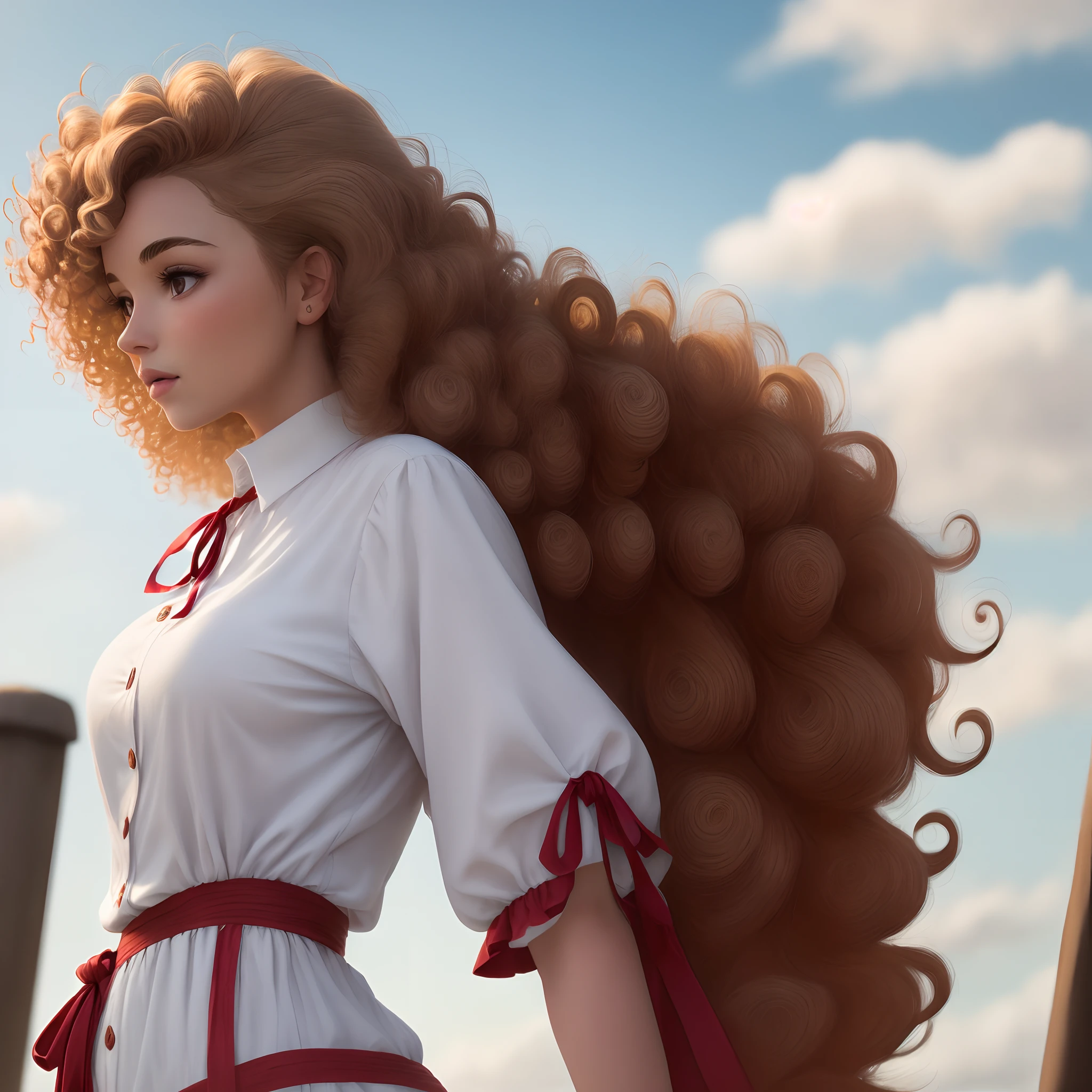 White woman tanned curvy curly hair brown chestnut looking to the side in the distance wind hair red ribbon in the hair
