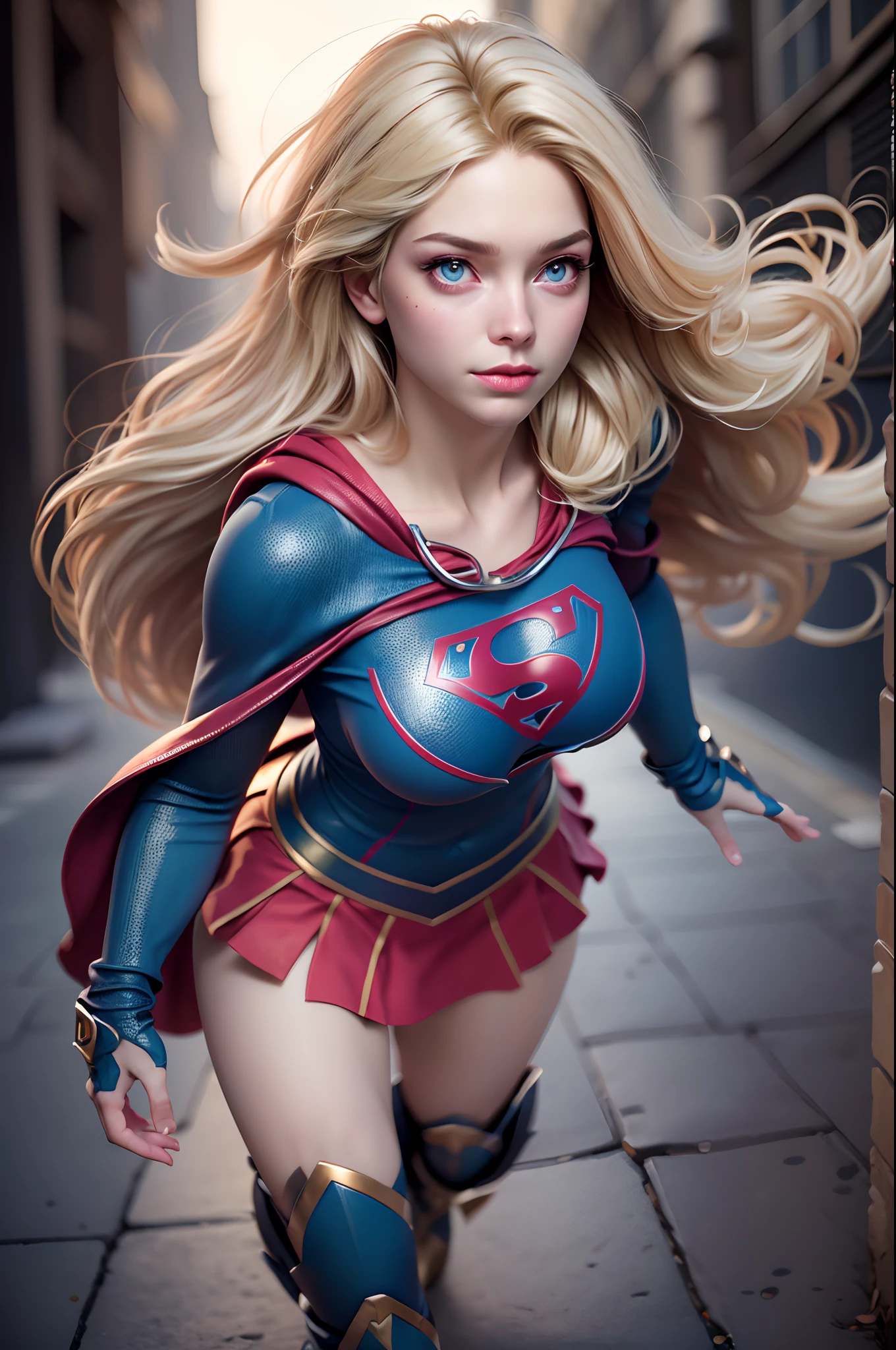 (8K, Best Quality, Photorealistic, masutepiece:1.2), super girl, Blue eyes, Blonde hair, Long hair, Cape, Superhero, Skirt, long boots, (Blonde girl:1.5), (Breast Focus:1.2), (Realistic:1.2), (Far View: 1.2), (Realism), (masutepiece:1.2), (Best Quality), (ultra-detailliert), (8K, 4K, Convoluted), (full body Esbian:1.5), (85 mm), light Particle, Lighting, (Highly detailed:1.2), (Detailed face:1.2), (gradients), SFW, Colorful, (Detailed eyes:1.2), (Detailed background), (Dynamic Angle:1.2), (Dynamic Pose:1.2), (rule of third_Composition:1.3), (Line of action:1.2), Wide Shot, Daylight, Solo.