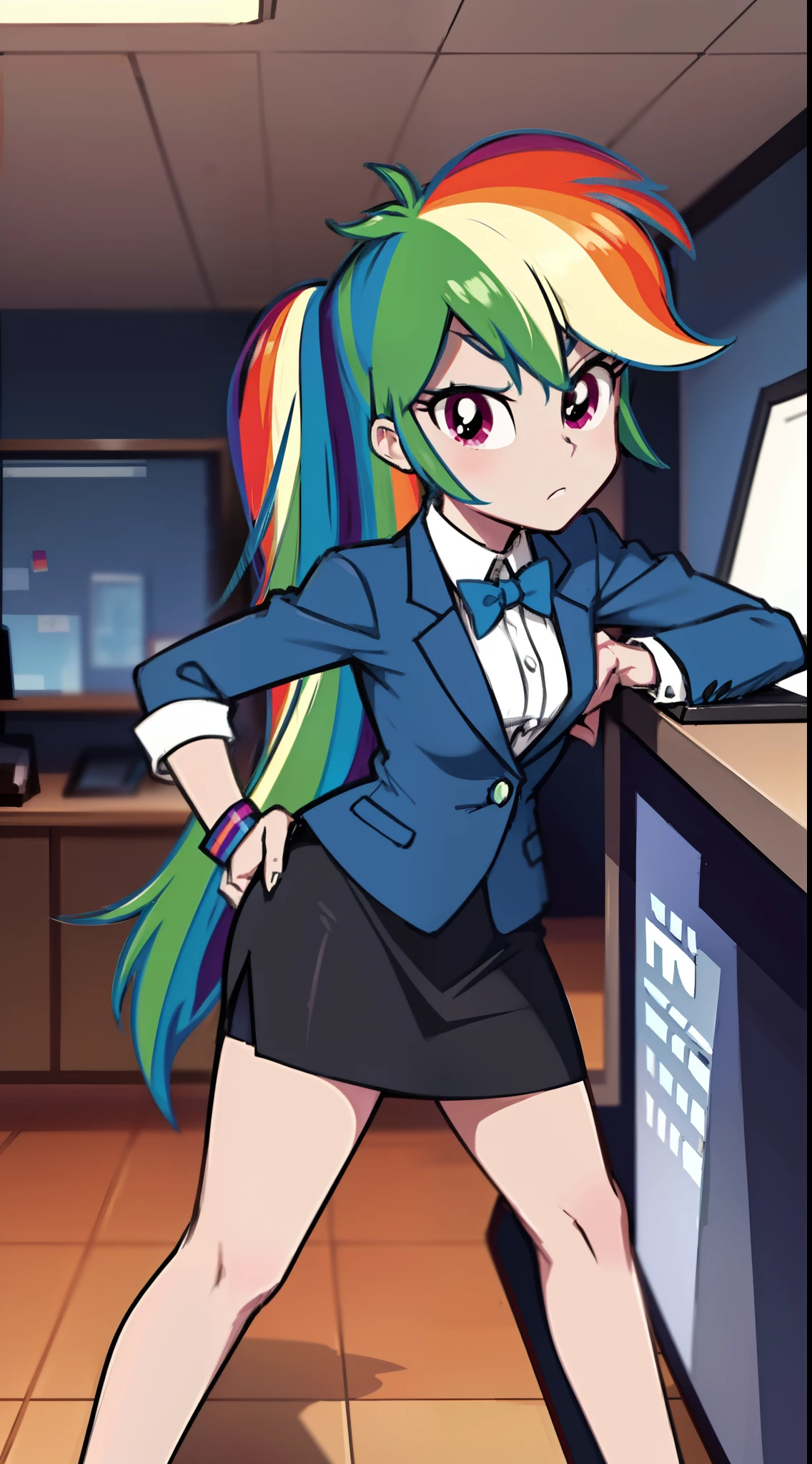 Rainbow Dash, Rainbow Dash of My Little Pony, Rainbow Dash as a girl, blue skirt suit, business suit, blue blazer, blue pencil skirt, bare legs, high heels, office lady, posing, office background